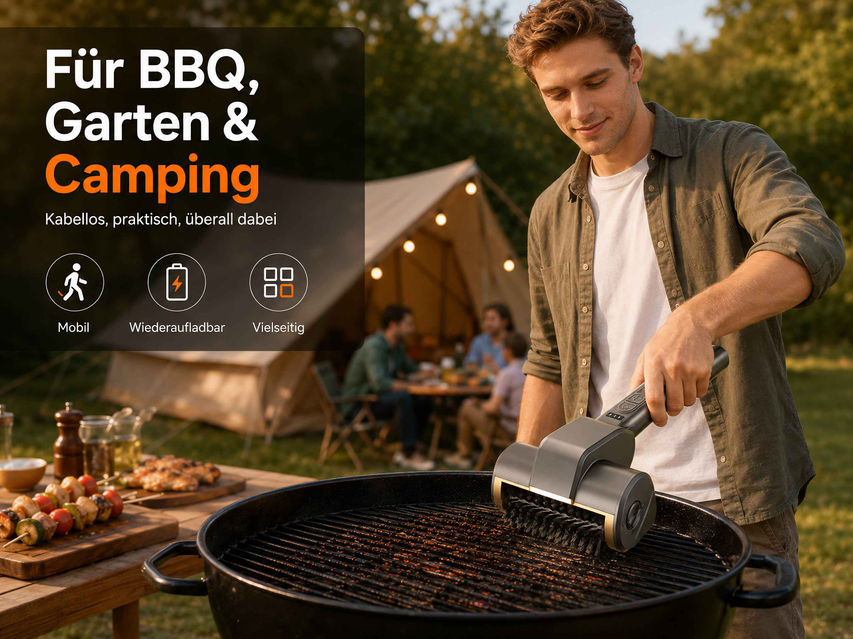 Mann reinigt Grill mit Bürste, im Hintergrund Zelt und Leute.