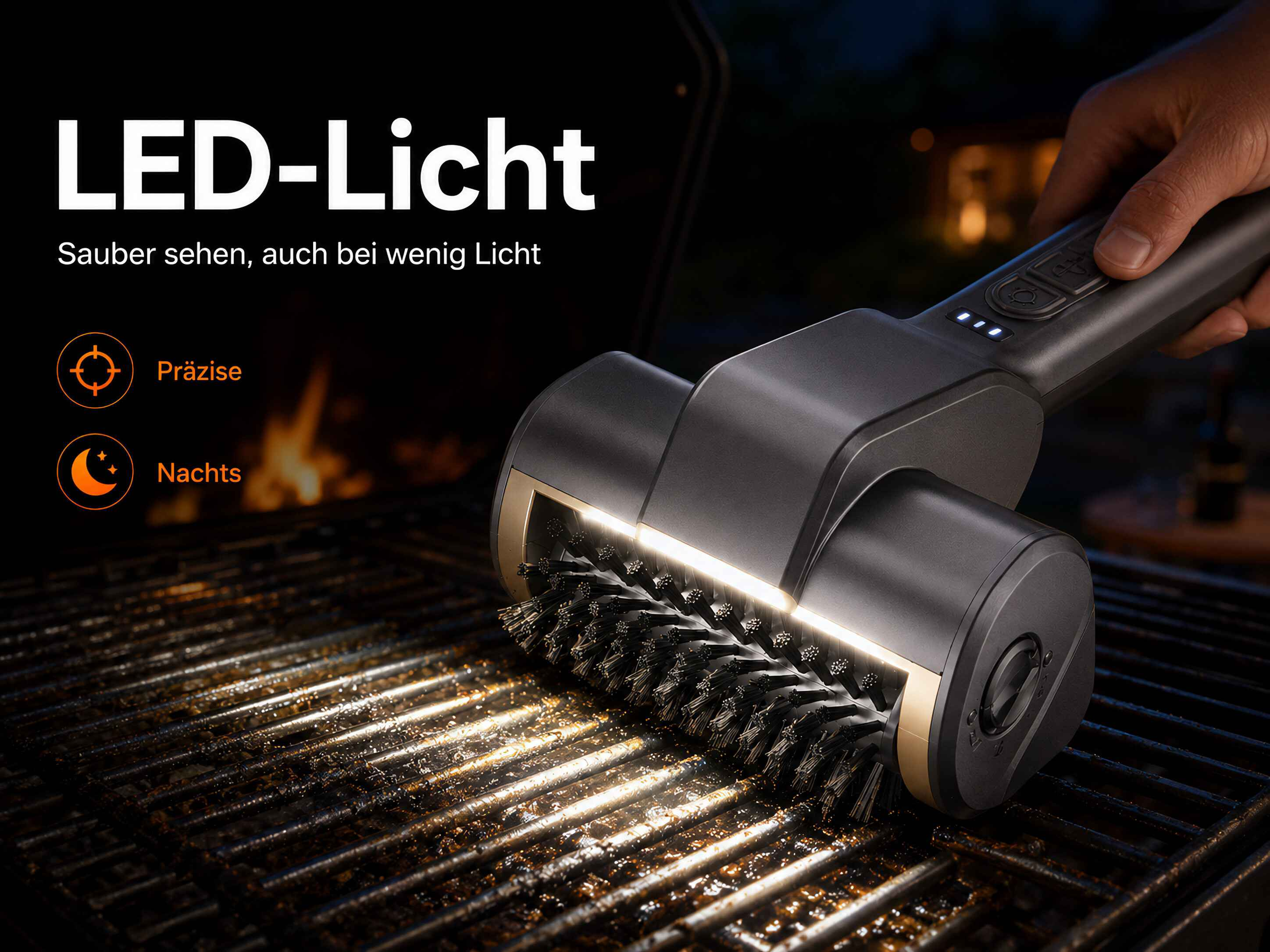 Elektrische Grillbürste mit LED-Licht reinigt den Rost bei Nacht.