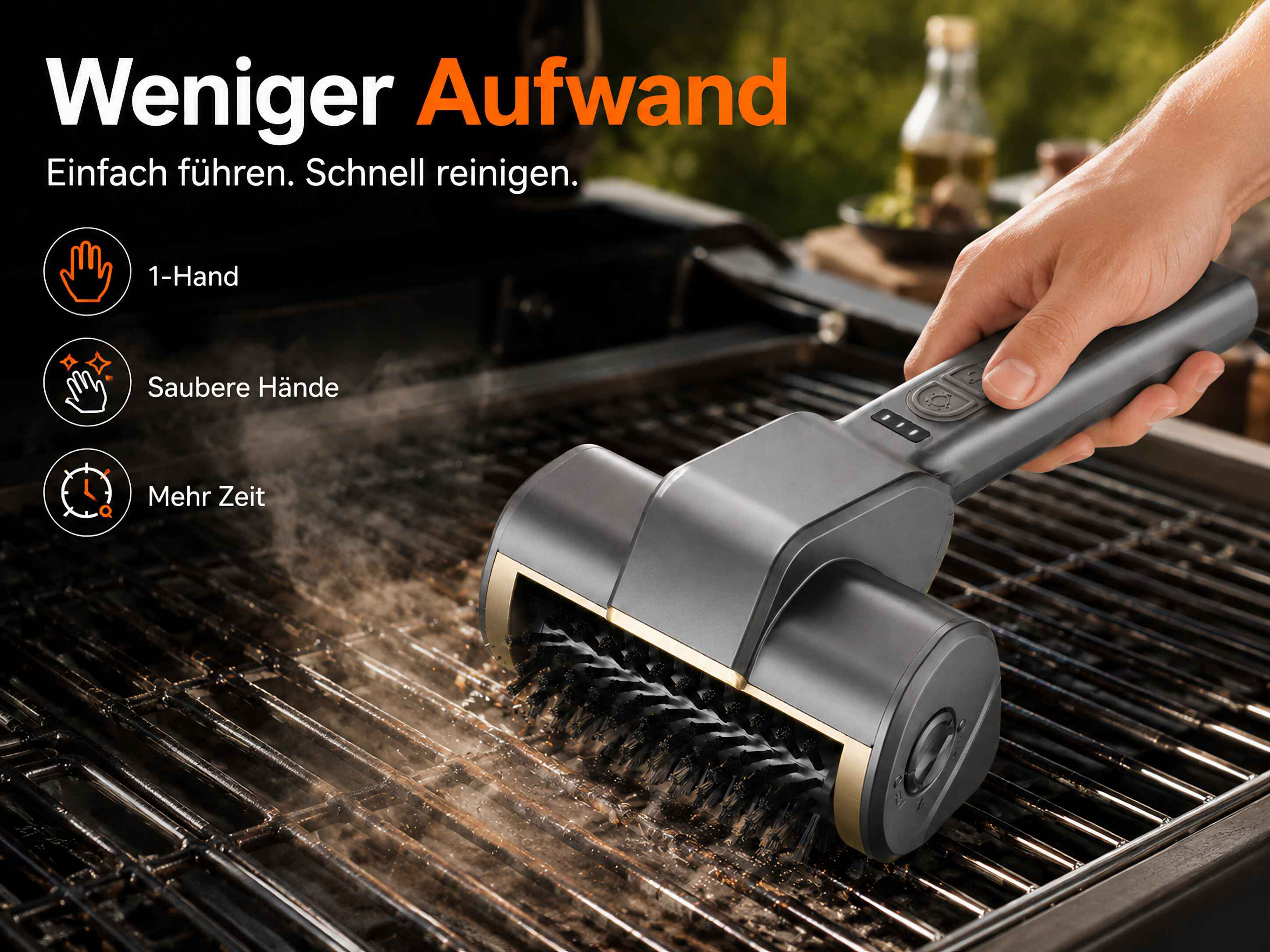Eine Hand hält einen Grillreiniger über einem schmutzigen Grillrost.