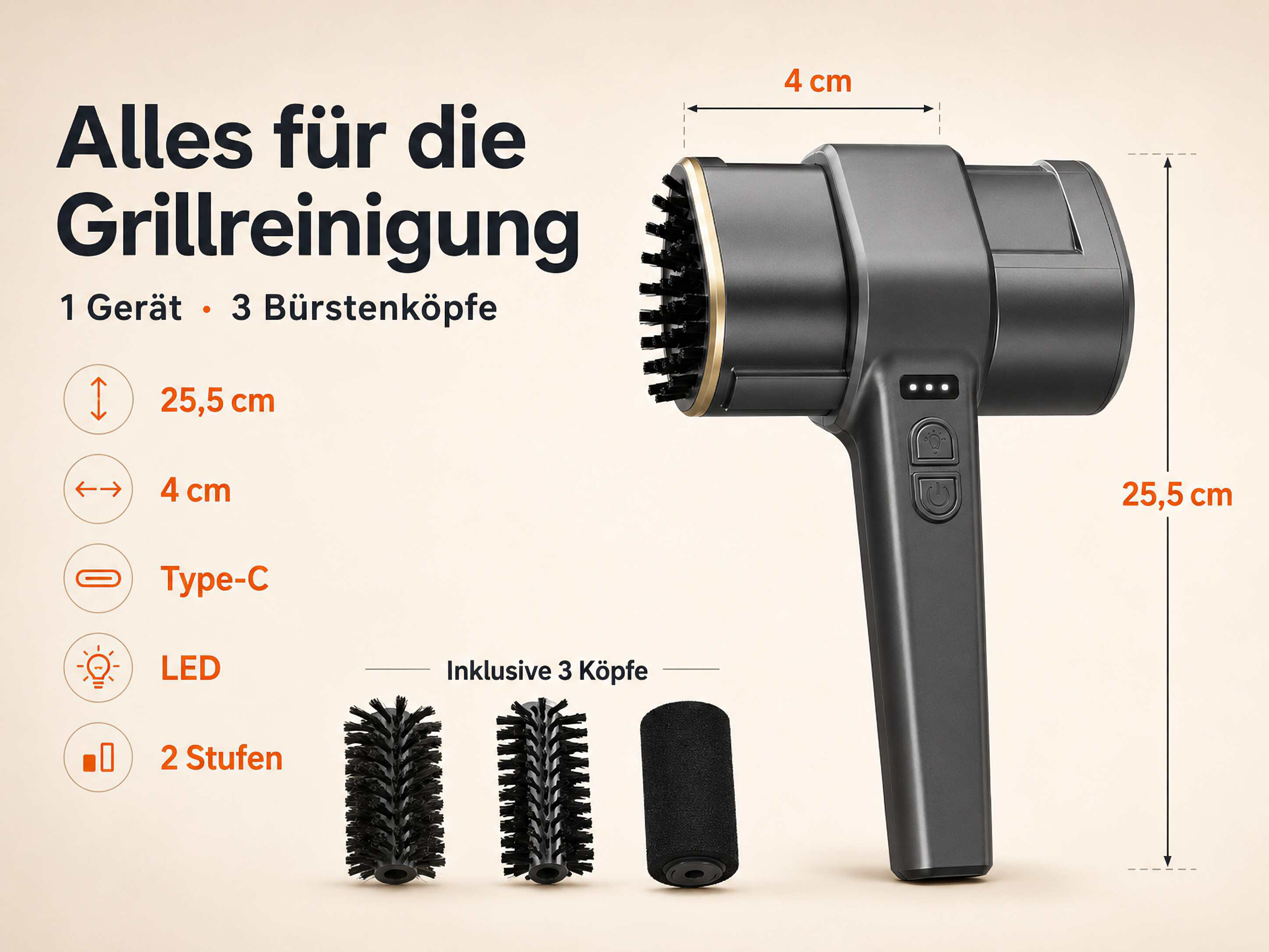 Grillreinigungsgerät mit 3 Bürstenköpfen, 25,5 cm lang, 4 cm breit.