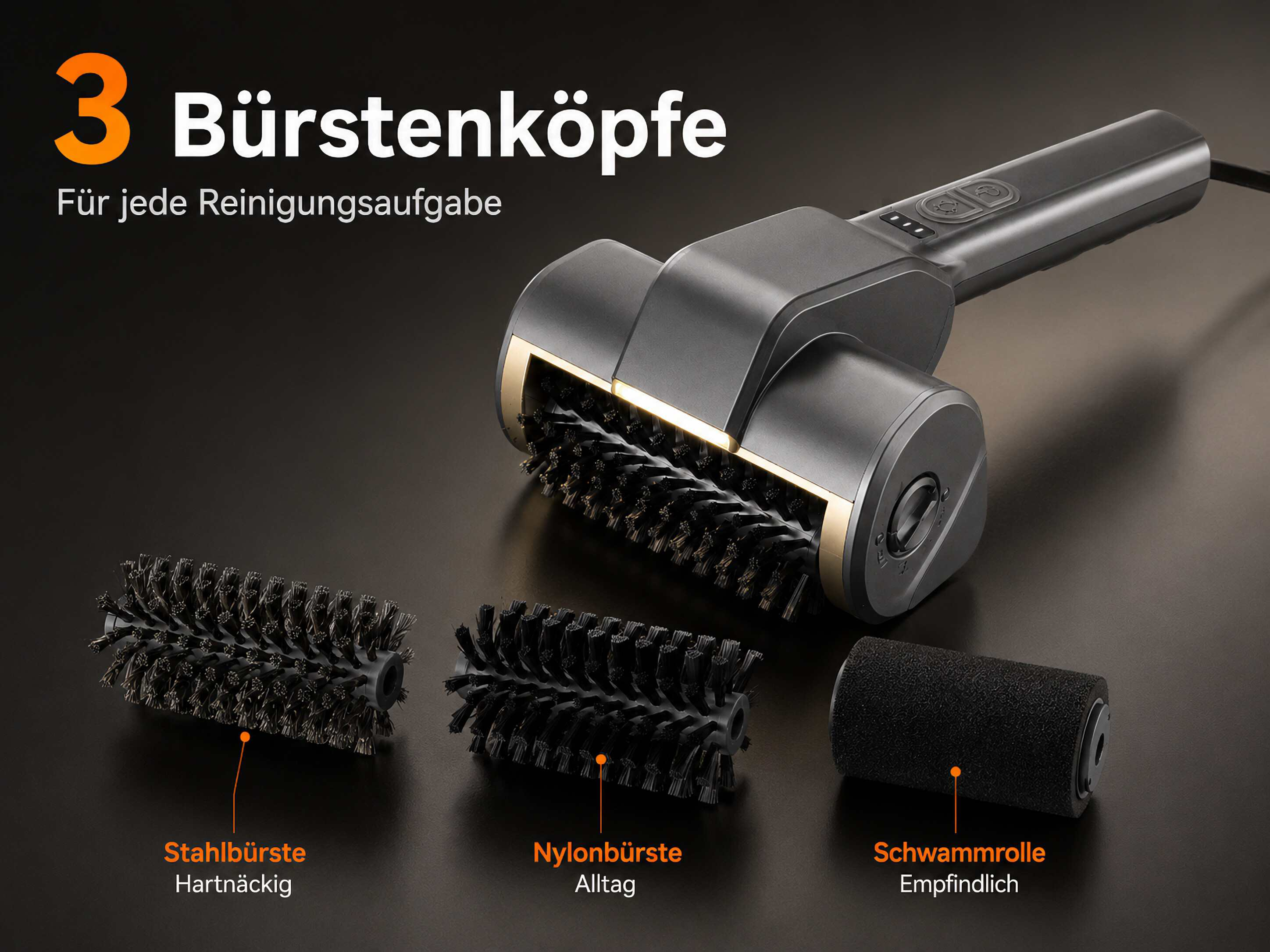 Ein elektrisches Reinigungsgerät mit drei Aufsätzen: Stahlbürste, Nylonbürste und Schwammrolle.