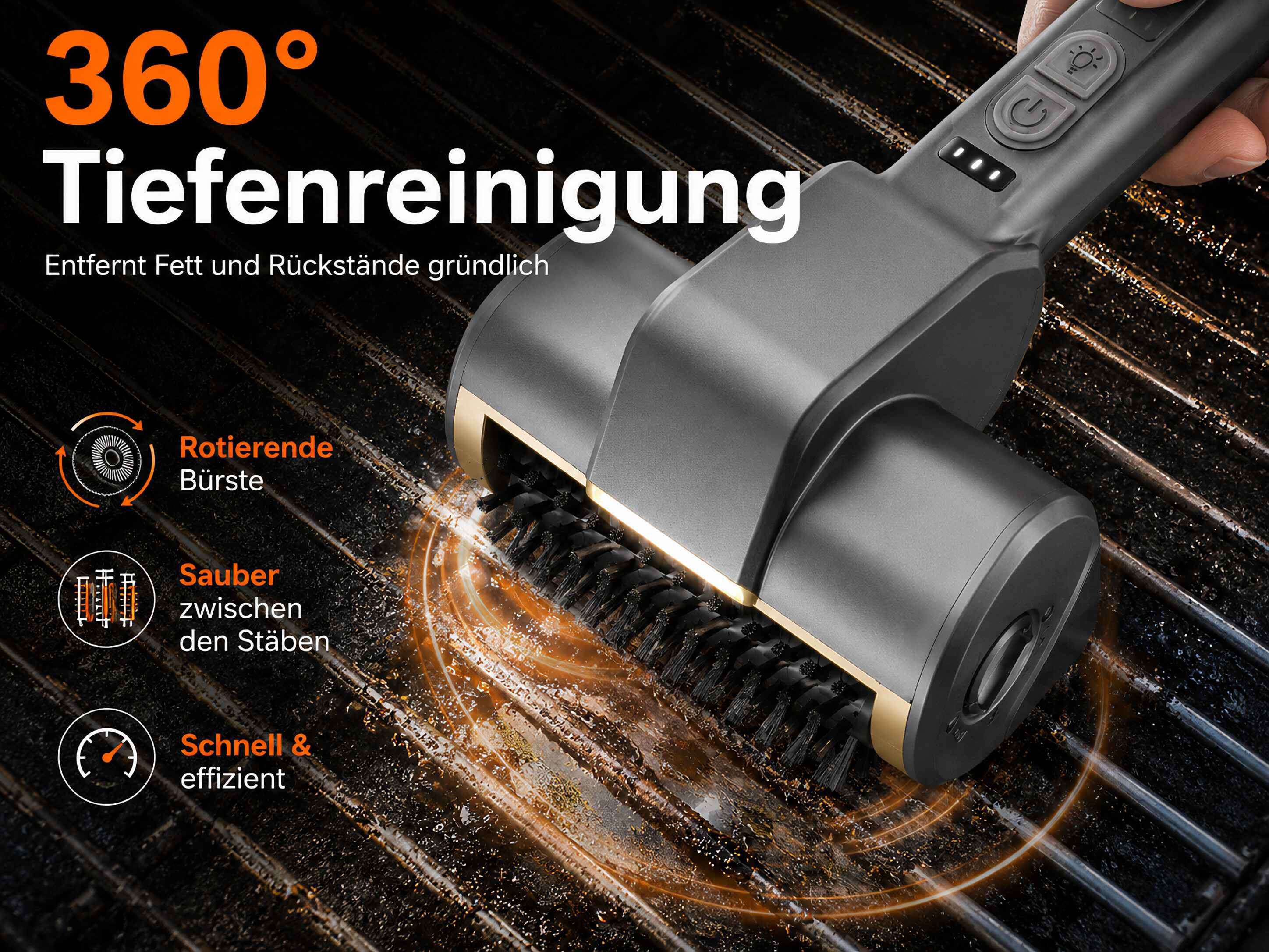 Ein elektrischer Reiniger mit rotierender Bürste reinigt einen schmutzigen Grillrost.