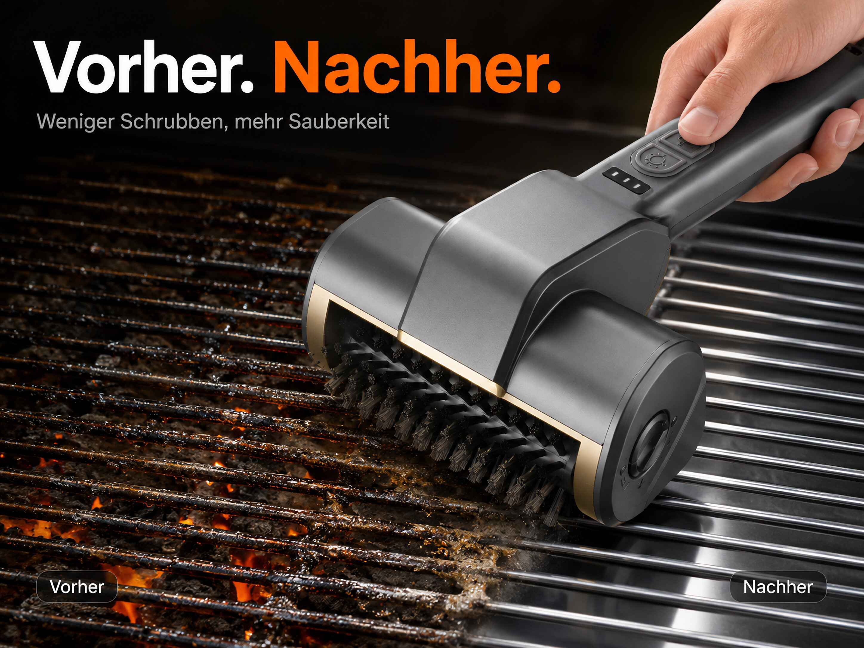 Ein elektrischer Grillreiniger bürstet eine schmutzige Grillroste sauber.