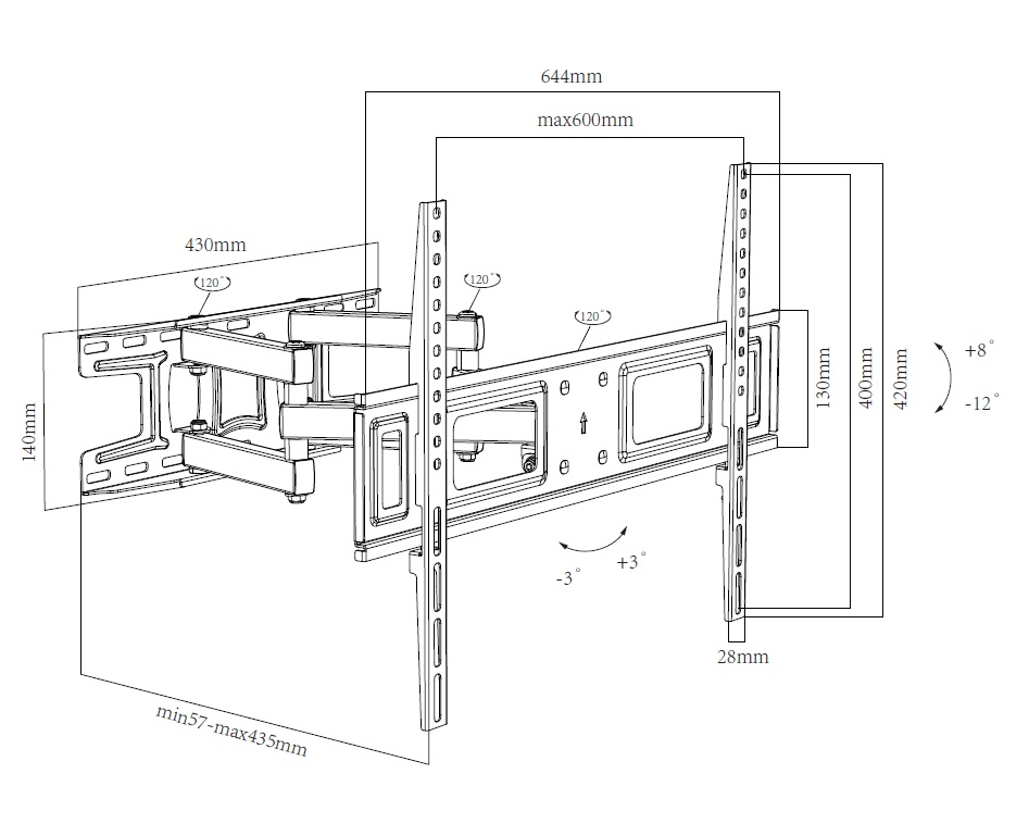Dibujo técnico de un soporte de pared TV giratorio con dimensiones.
