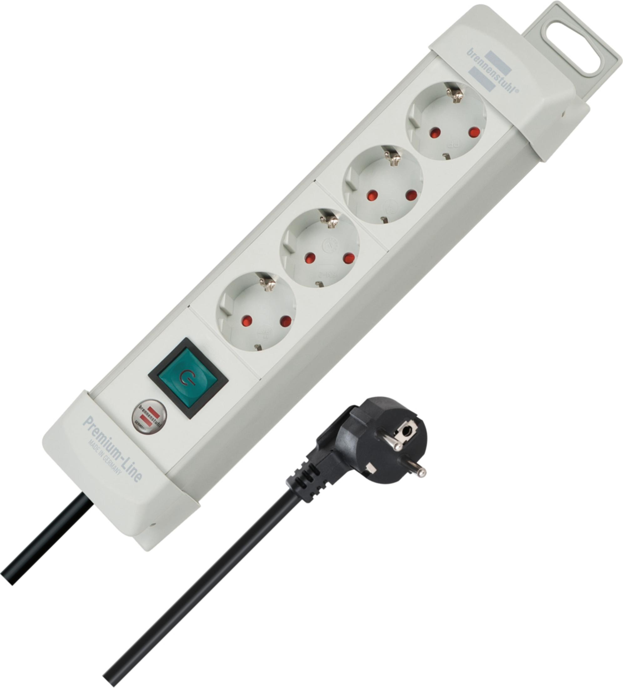 Graues Mehrfachsteckdosenleiste mit Ein-/Ausschalter und Stecker.