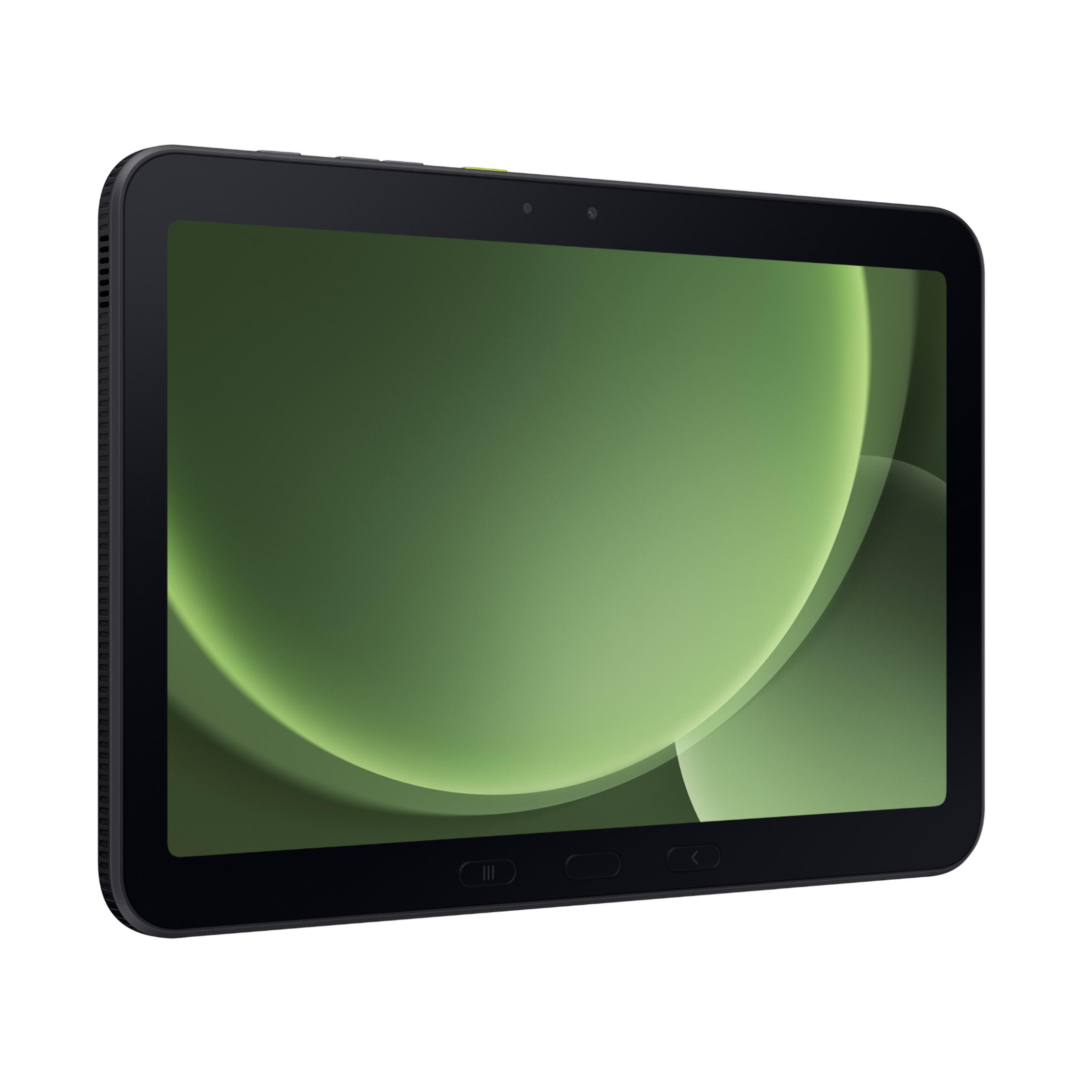 Una tableta negra con fondo de pantalla verde y cámaras en el bisel de la pantalla.