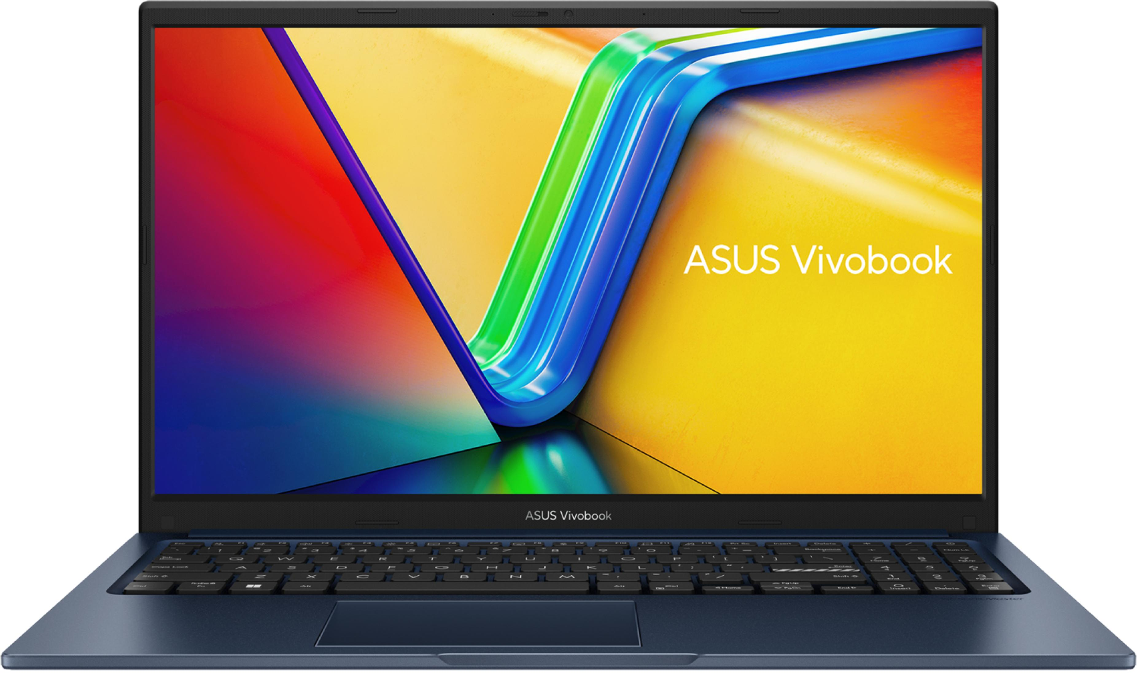 Un portátil Asus Vivobook azul con un fondo de pantalla colorido en su pantalla.