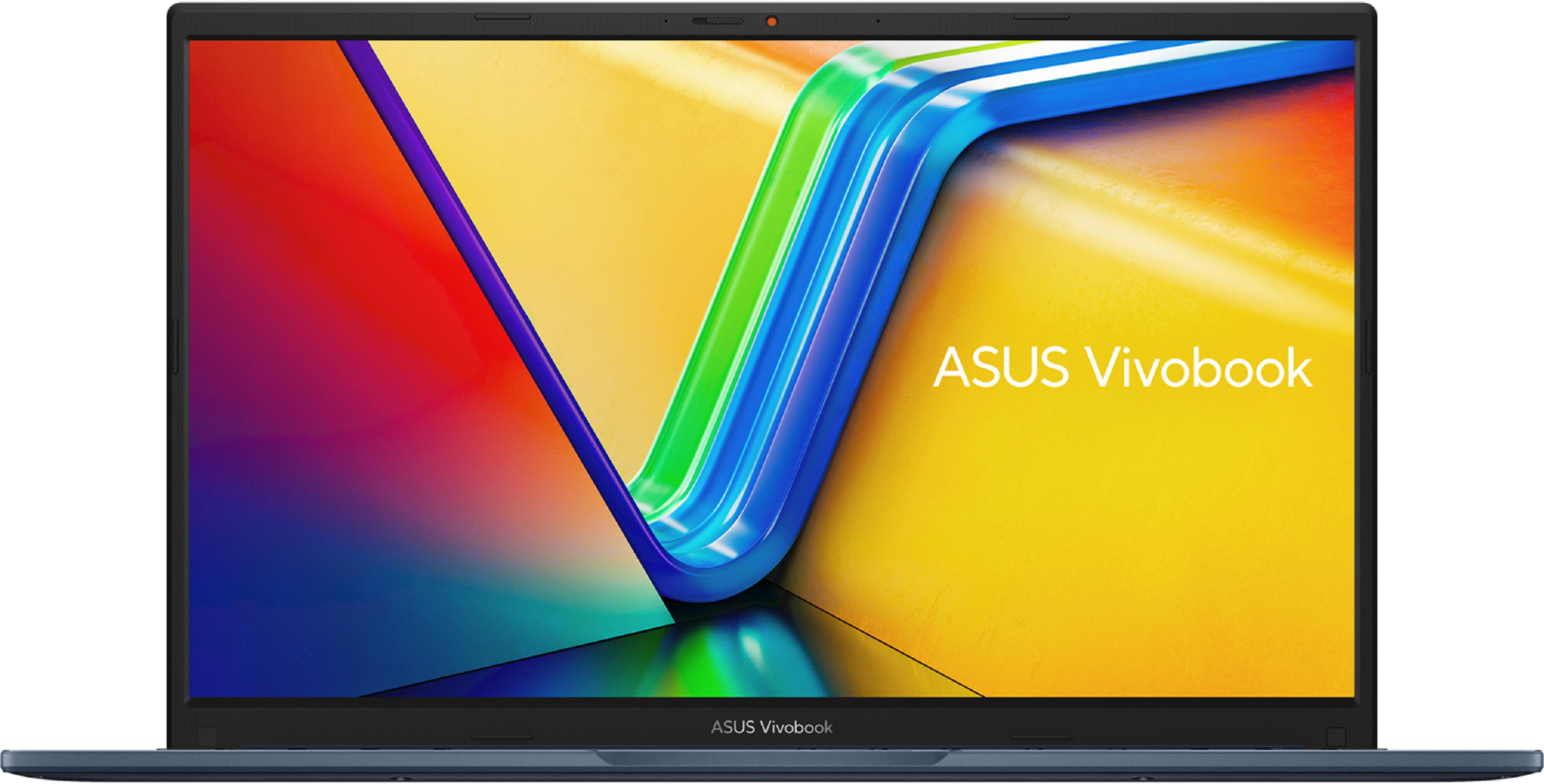 Un portátil ASUS Vivobook azul que muestra un fondo de pantalla colorido.
