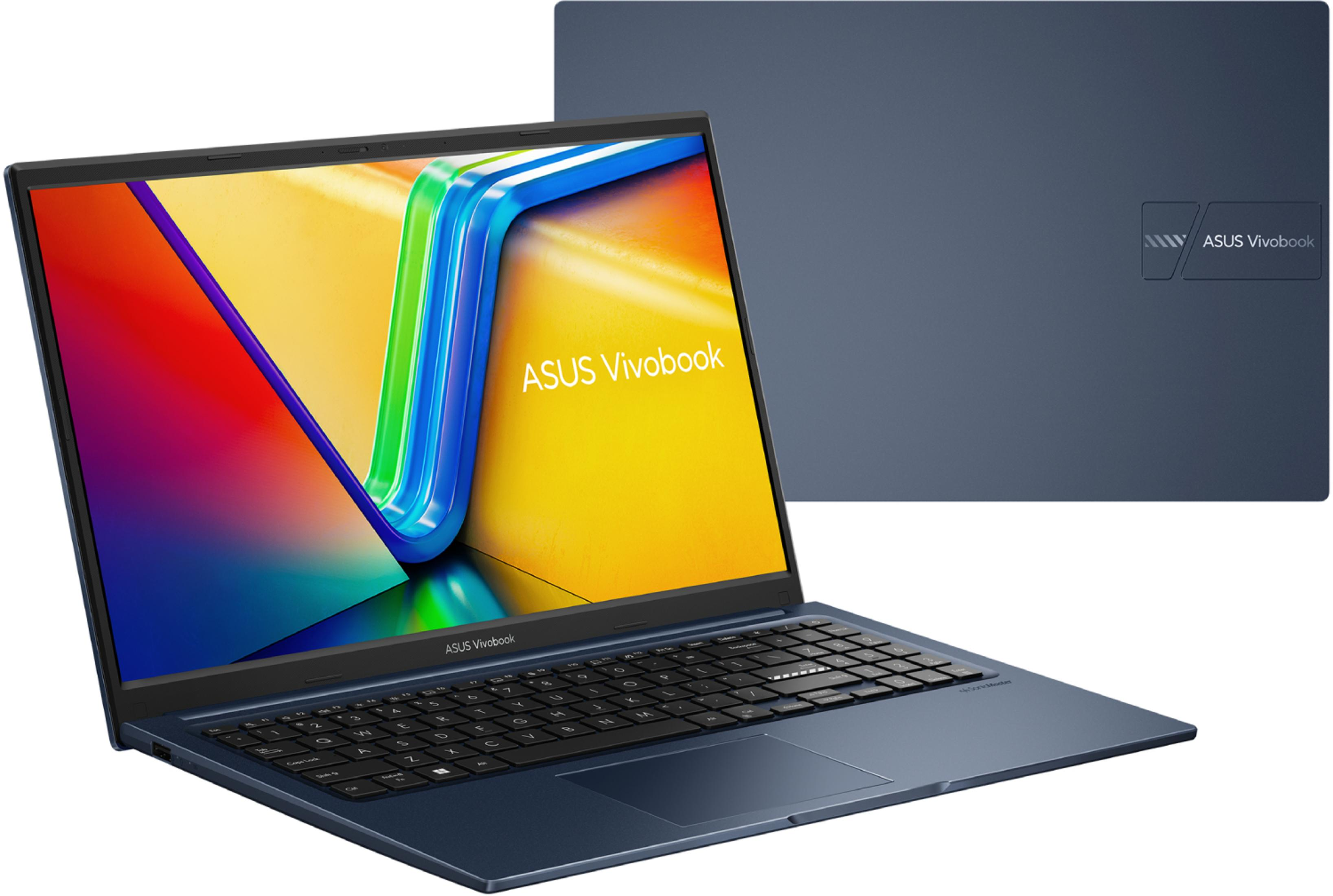 Un portátil ASUS Vivobook azul con pantalla de fondo colorido.