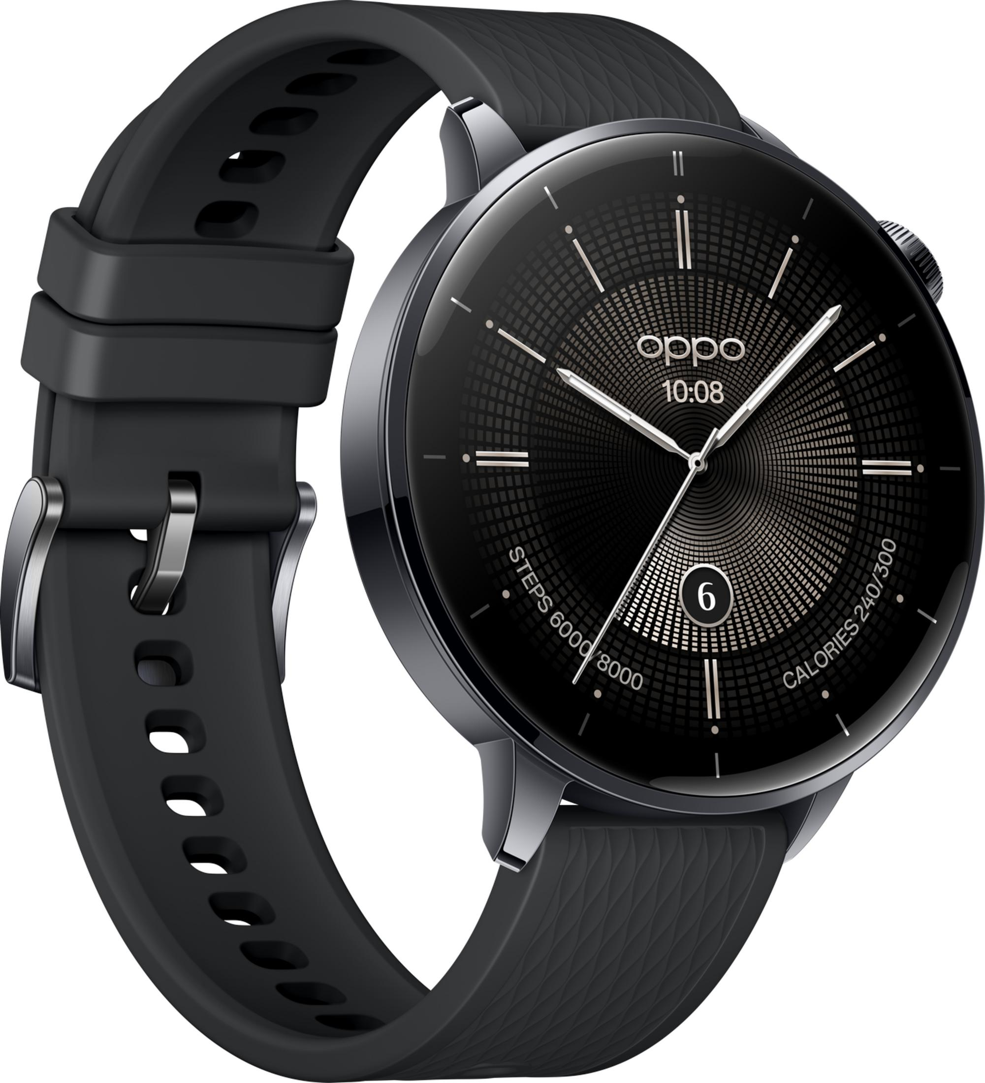 Uno smartwatch nero con quadrante rotondo e cinturino in silicone.