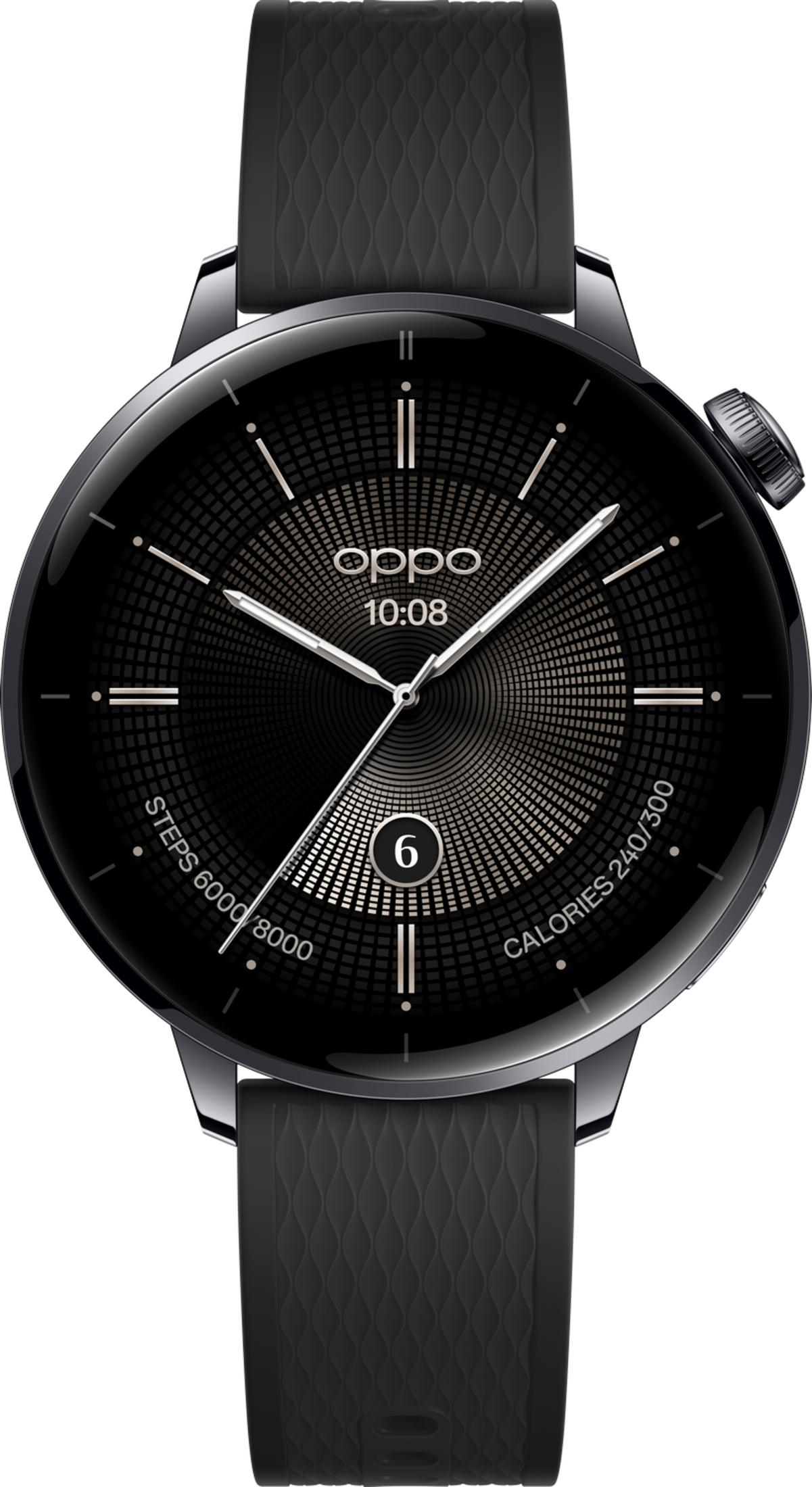 Uno smartwatch nero con logo OPPO, ore 10:08.