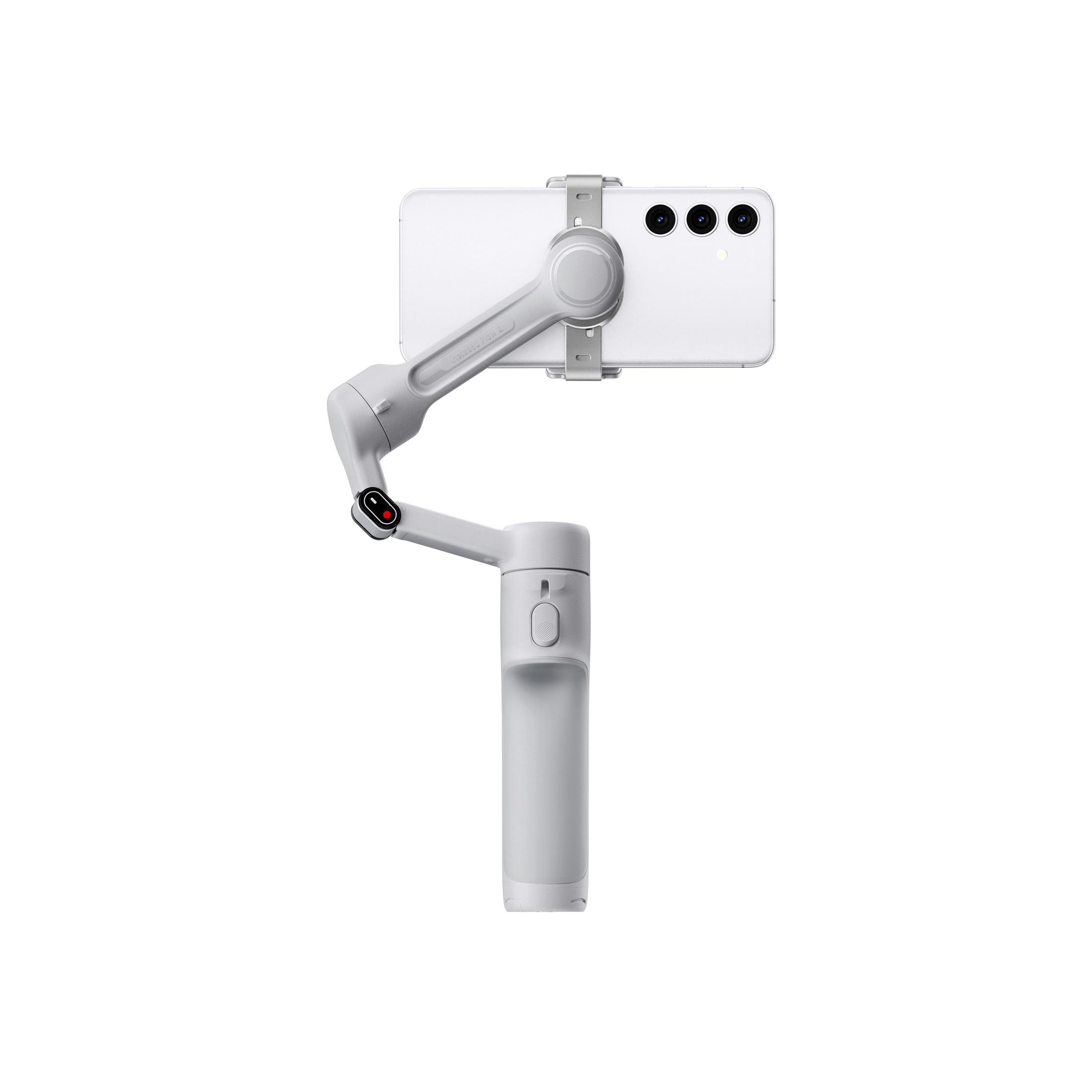 Ein grauer Smartphone-Gimbal mit einem weißen Smartphone, das darauf montiert ist.