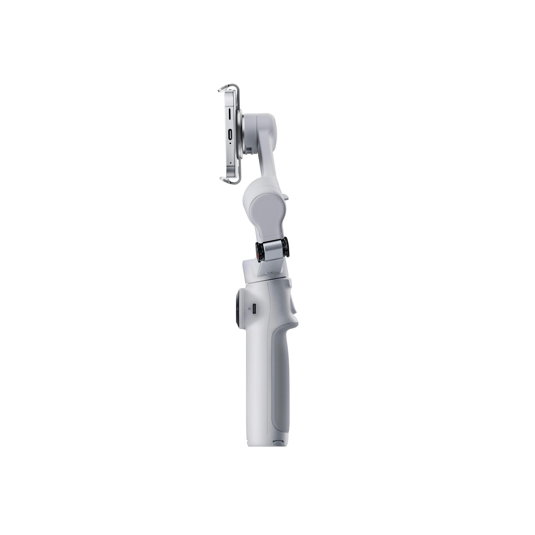 Ein weißer Gimbal mit einem Handyhalter, der auf einem weißen Hintergrund steht.