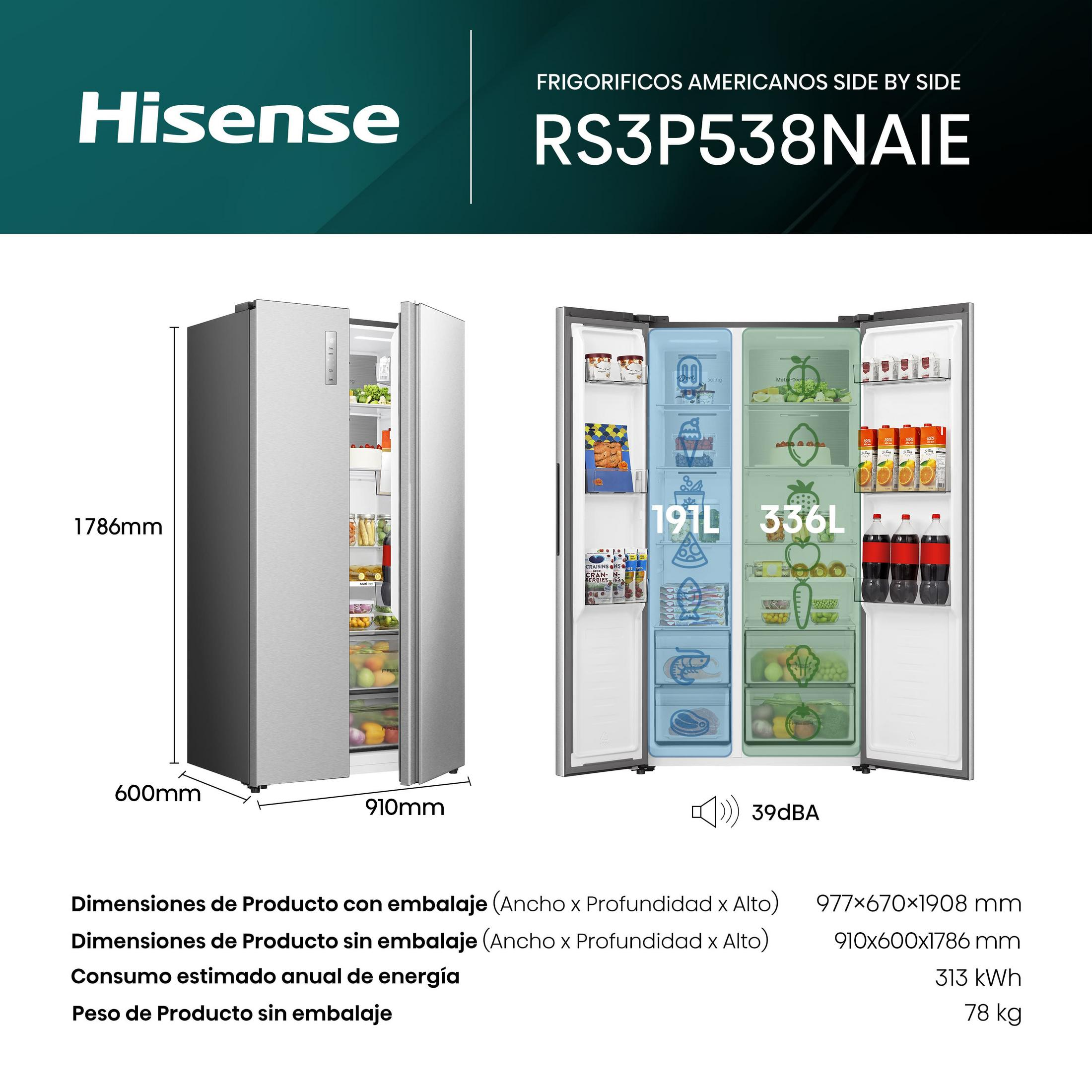 Silberner Side-by-Side-Kühlschrank von Hisense mit geöffneten Türen und Lebensmitteln.
