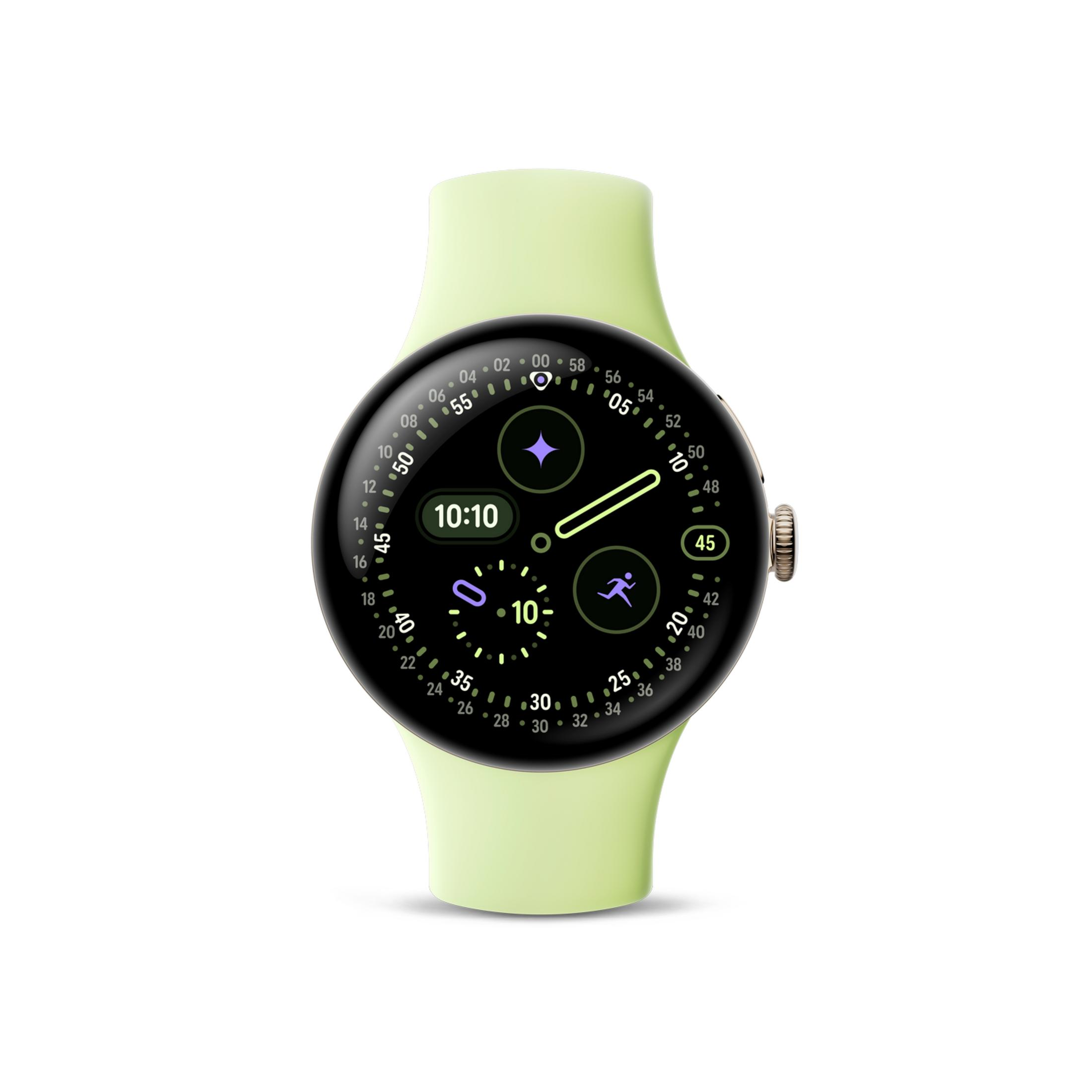 Une montre connectée vert clair à cadran rond affiche 10:10.