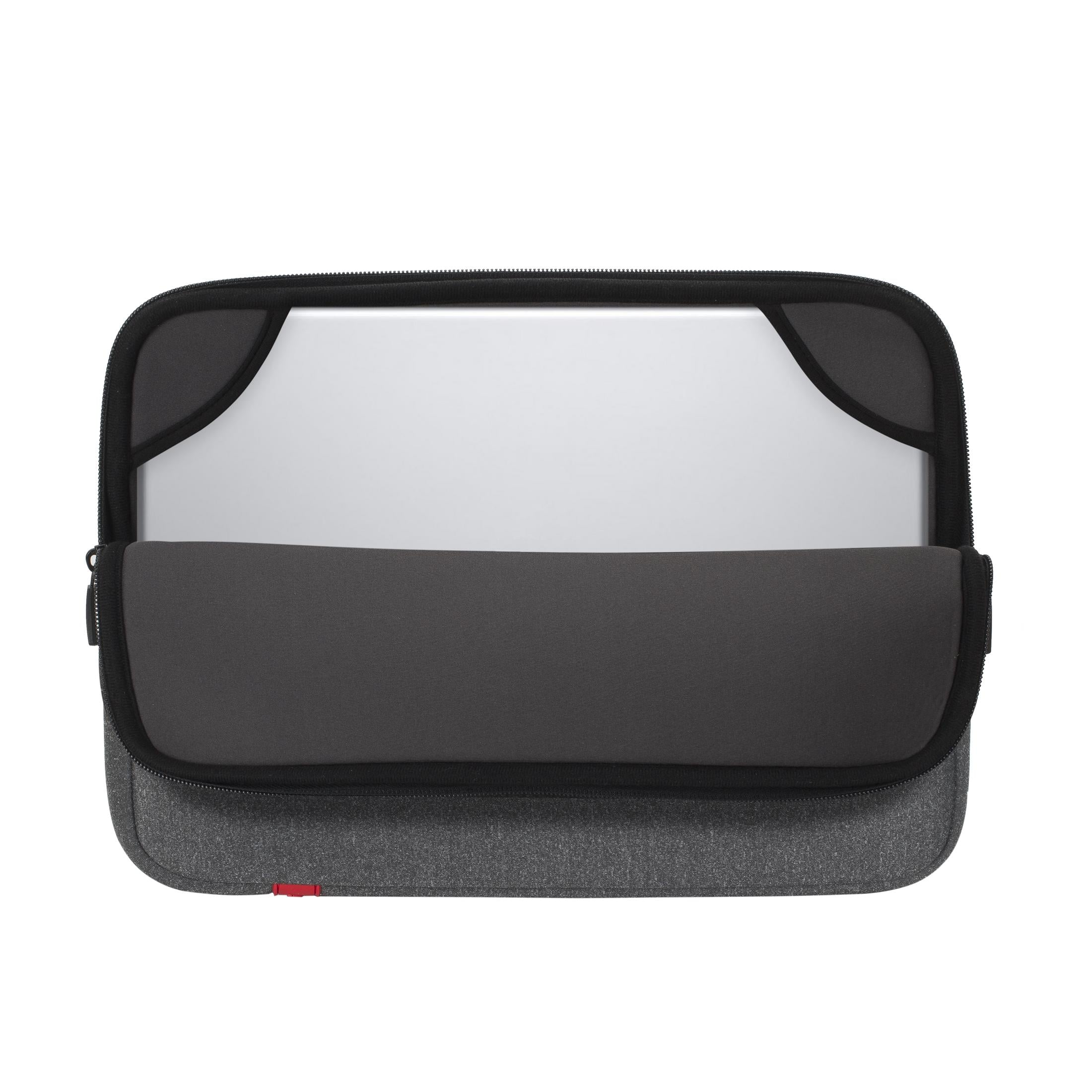 Graue Laptoptasche mit schwarzem Reißverschluss und einer silbernen Laptop-Oberseite.