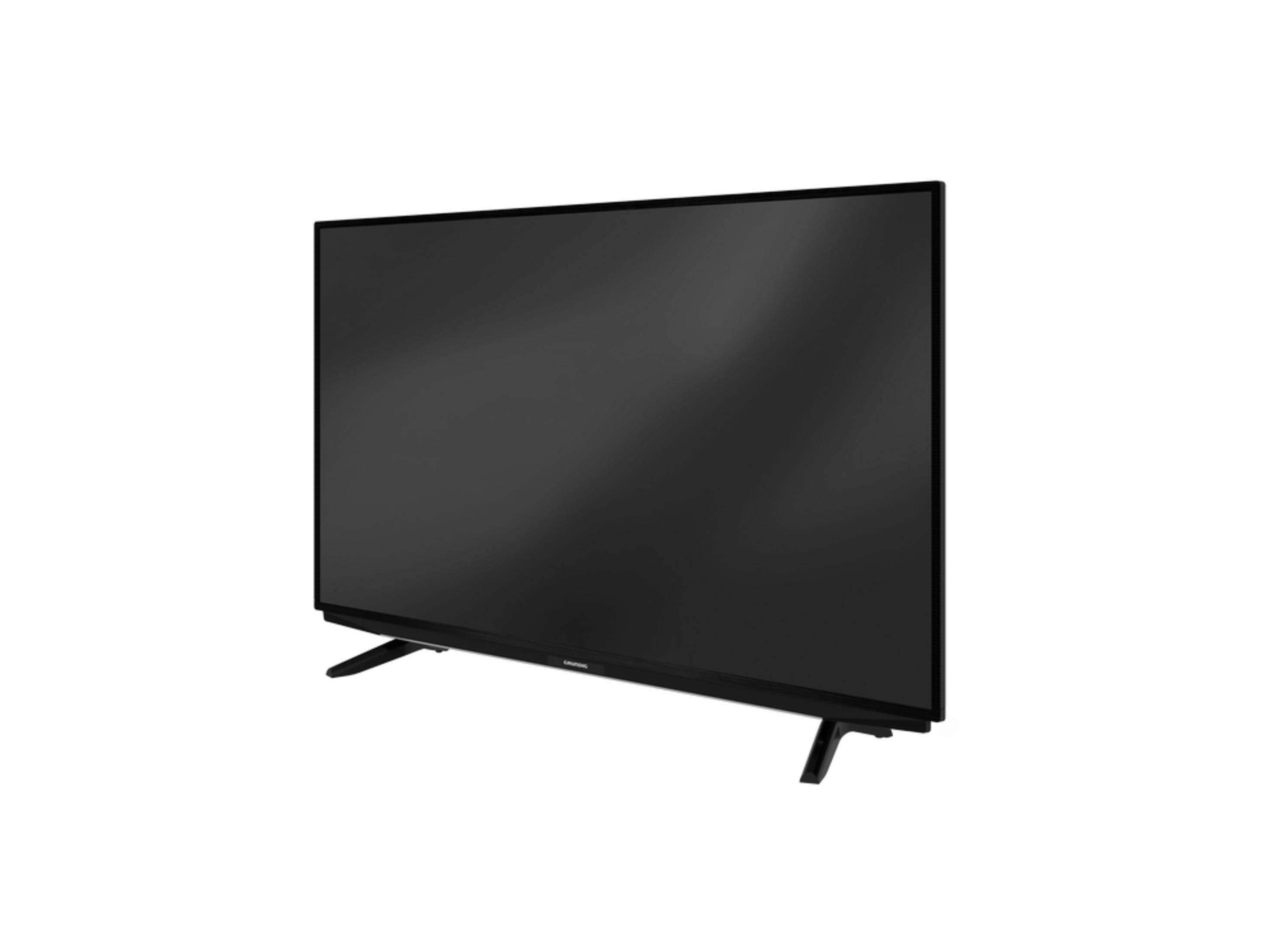 Un televisor negro con bisel delgado y dos soportes estrechos.