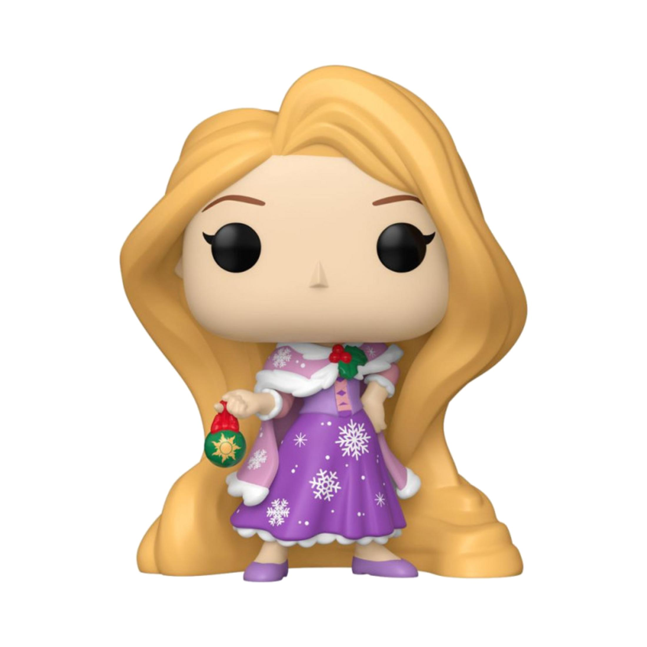 Figurilla de Rapunzel con vestido invernal, copos de nieve y adorno.