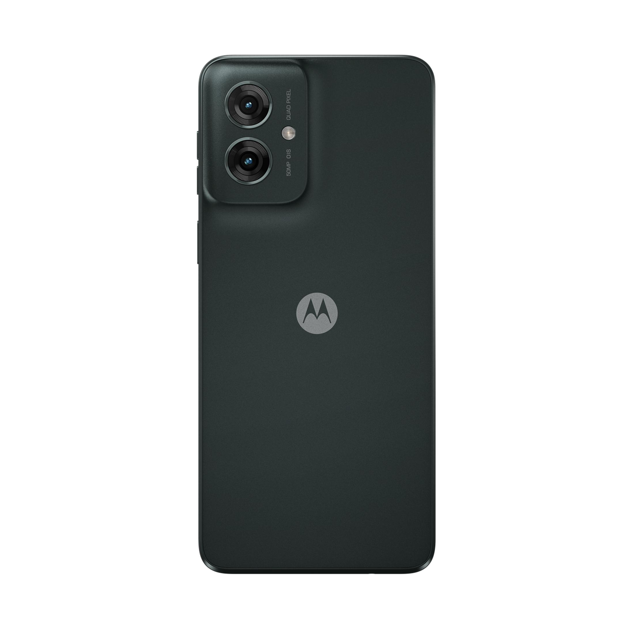 Ciemnoszary smartfon Motorola z dwoma aparatami i logo Motorola.