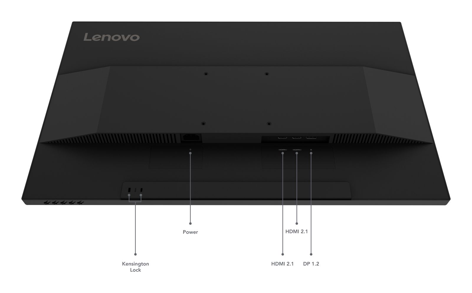 Tył czarnego monitora Lenovo z portami: Kensington Lock, Power, 2x HDMI 2.1, DP 1.2.