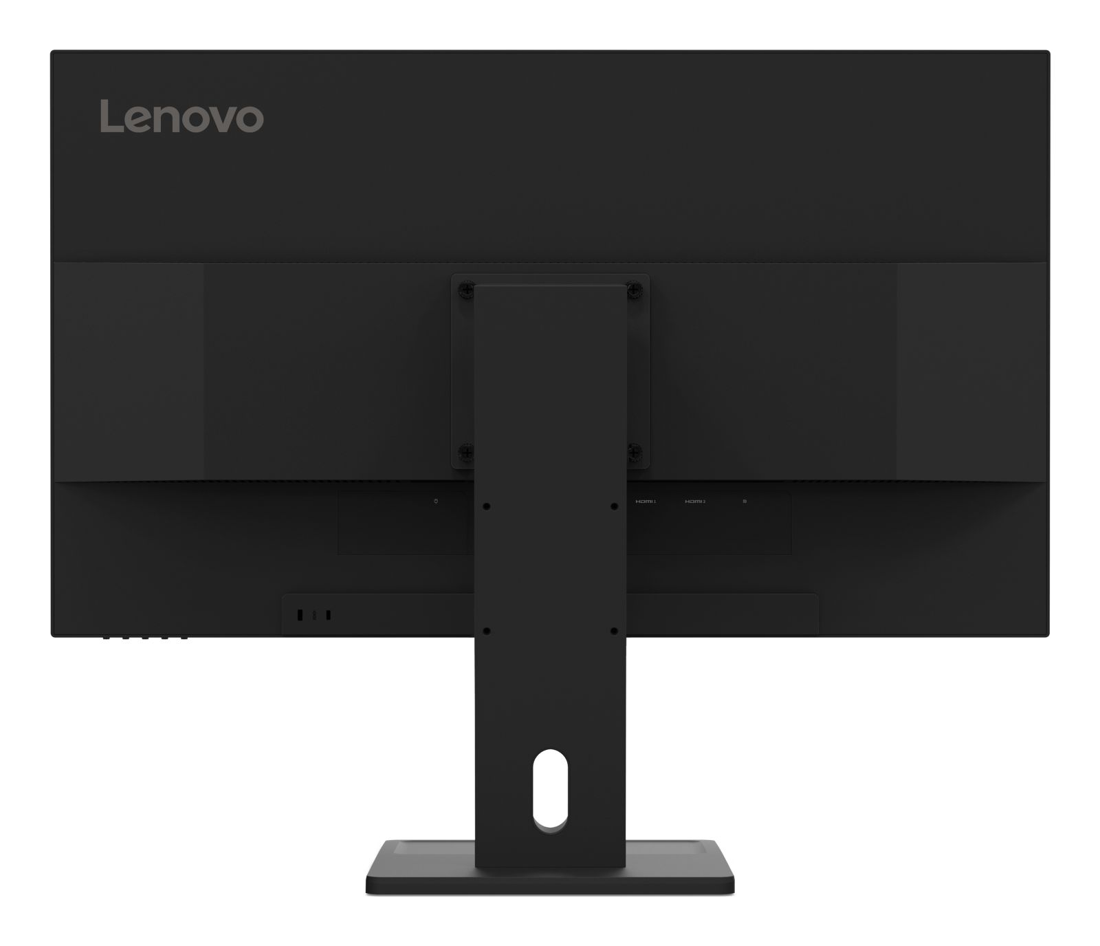 Tył czarnego monitora Lenovo z portami i podstawą.