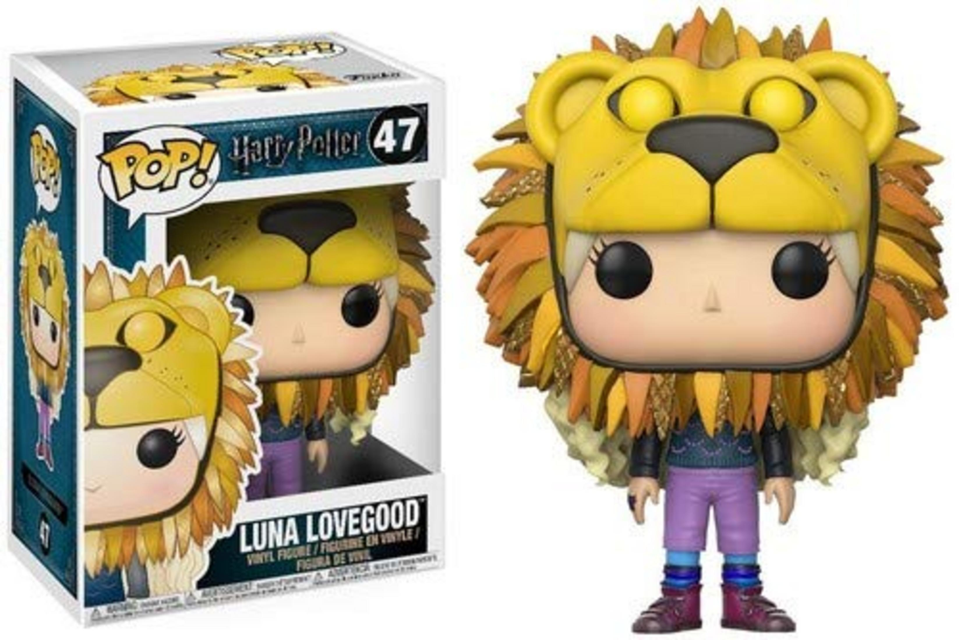 Funko Pop di Luna Lovegood con costume da leone e pantaloni viola.
