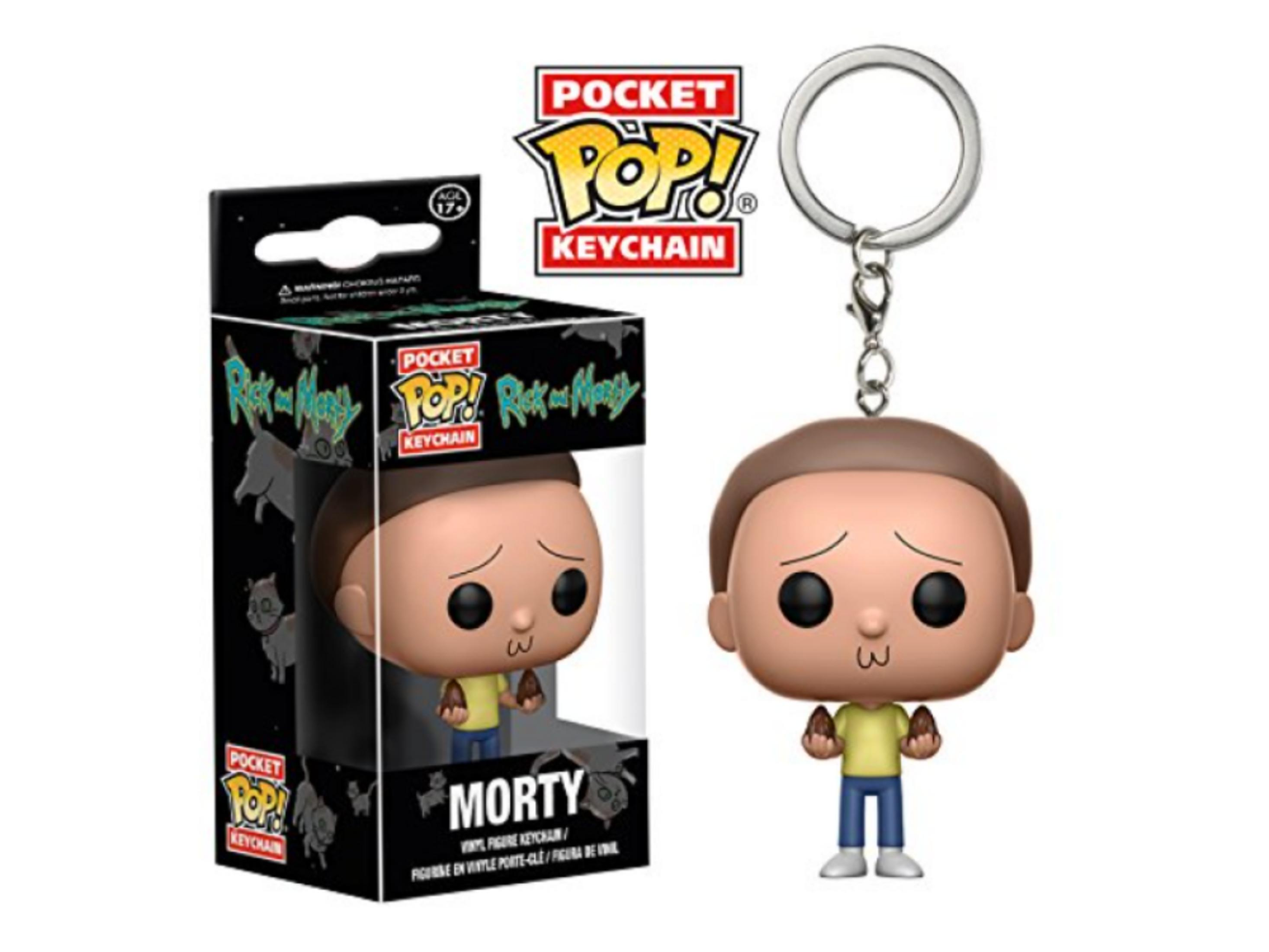 Morty Funko Pop! Schlüsselanhänger in Originalverpackung neben dem einzelnen Anhänger.