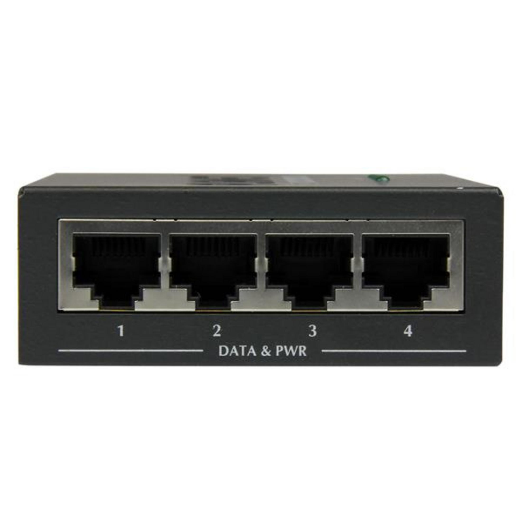 Vorderansicht eines schwarzen Netzwerk-Switches mit vier RJ45-Anschlüssen, beschriftet 1-4.