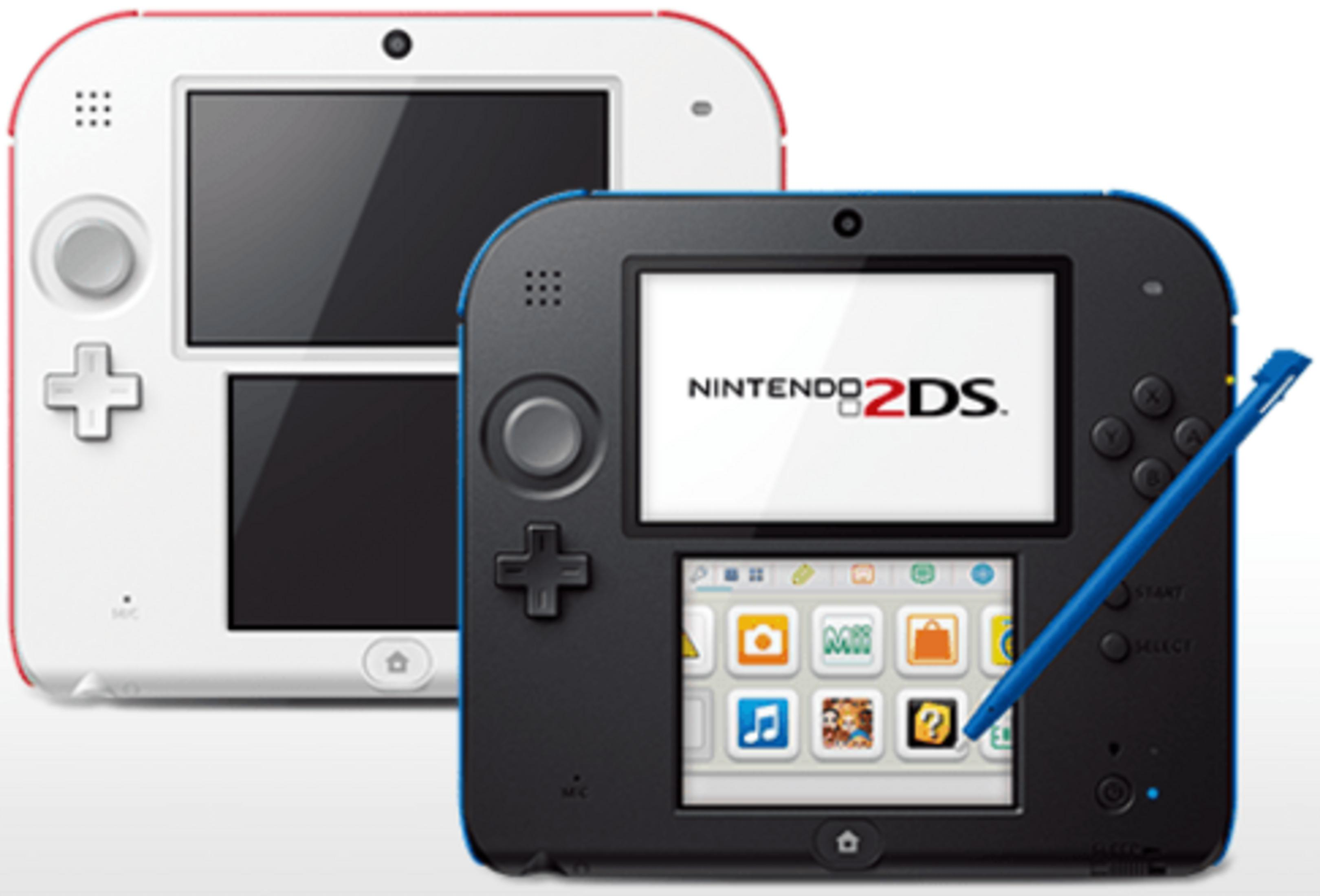Zwei Nintendo 2DS-Konsolen, eine weiße und eine schwarze, nebeneinander.
