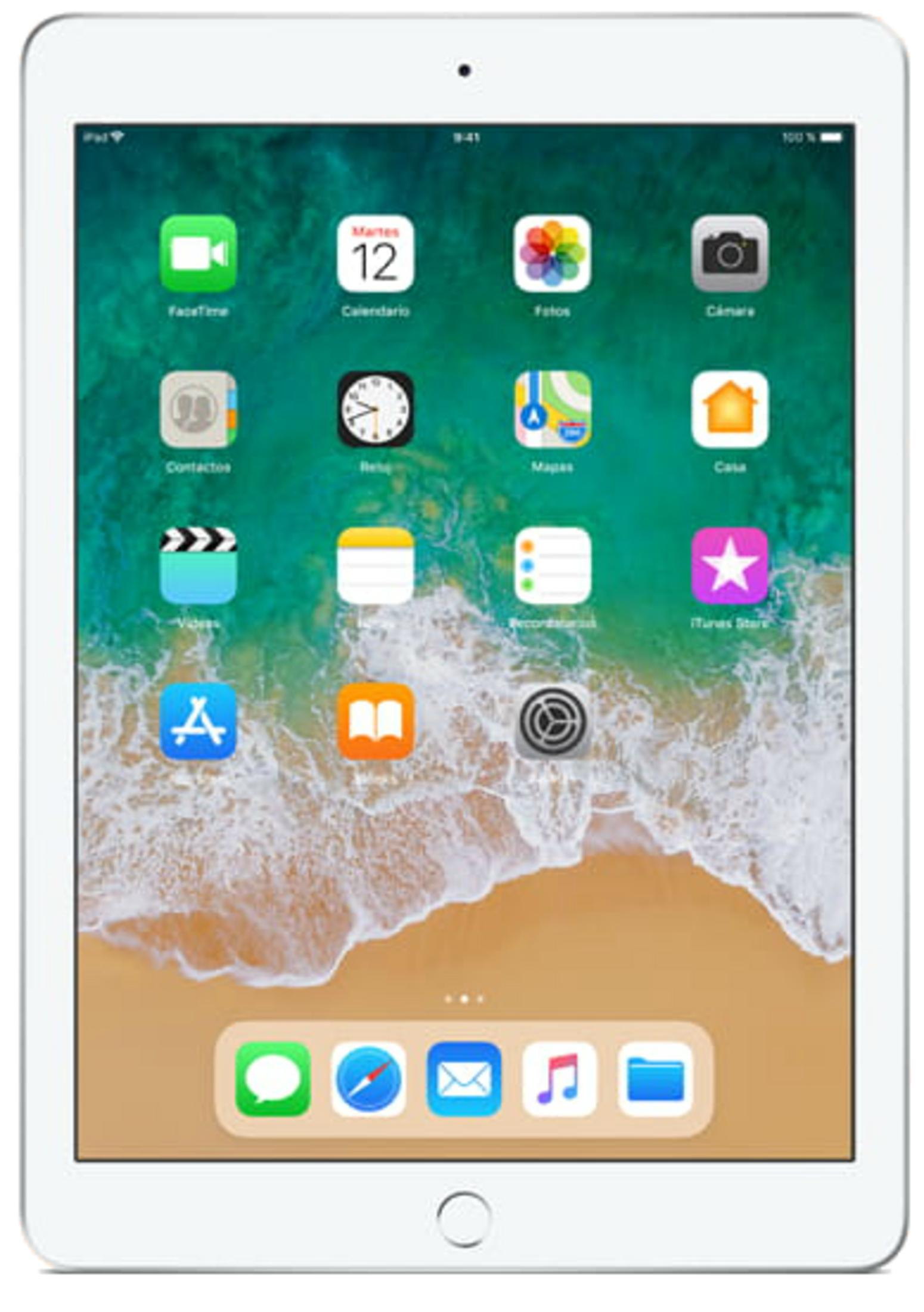Ein weißes iPad mit einem Strand-Hintergrund und App-Symbolen.