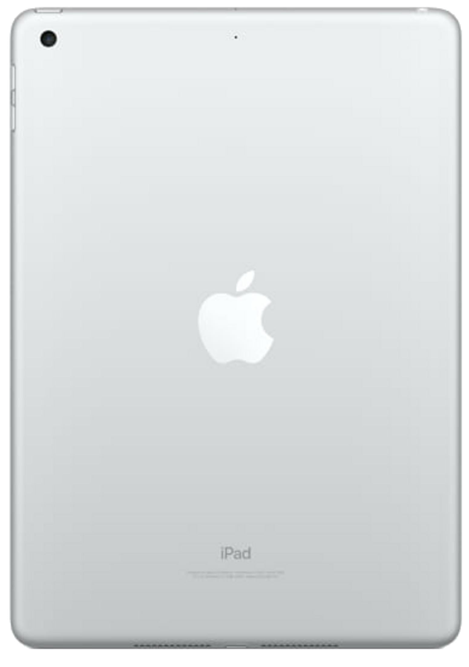 Rückseite eines silbernen iPads mit Apple-Logo und Schriftzug.