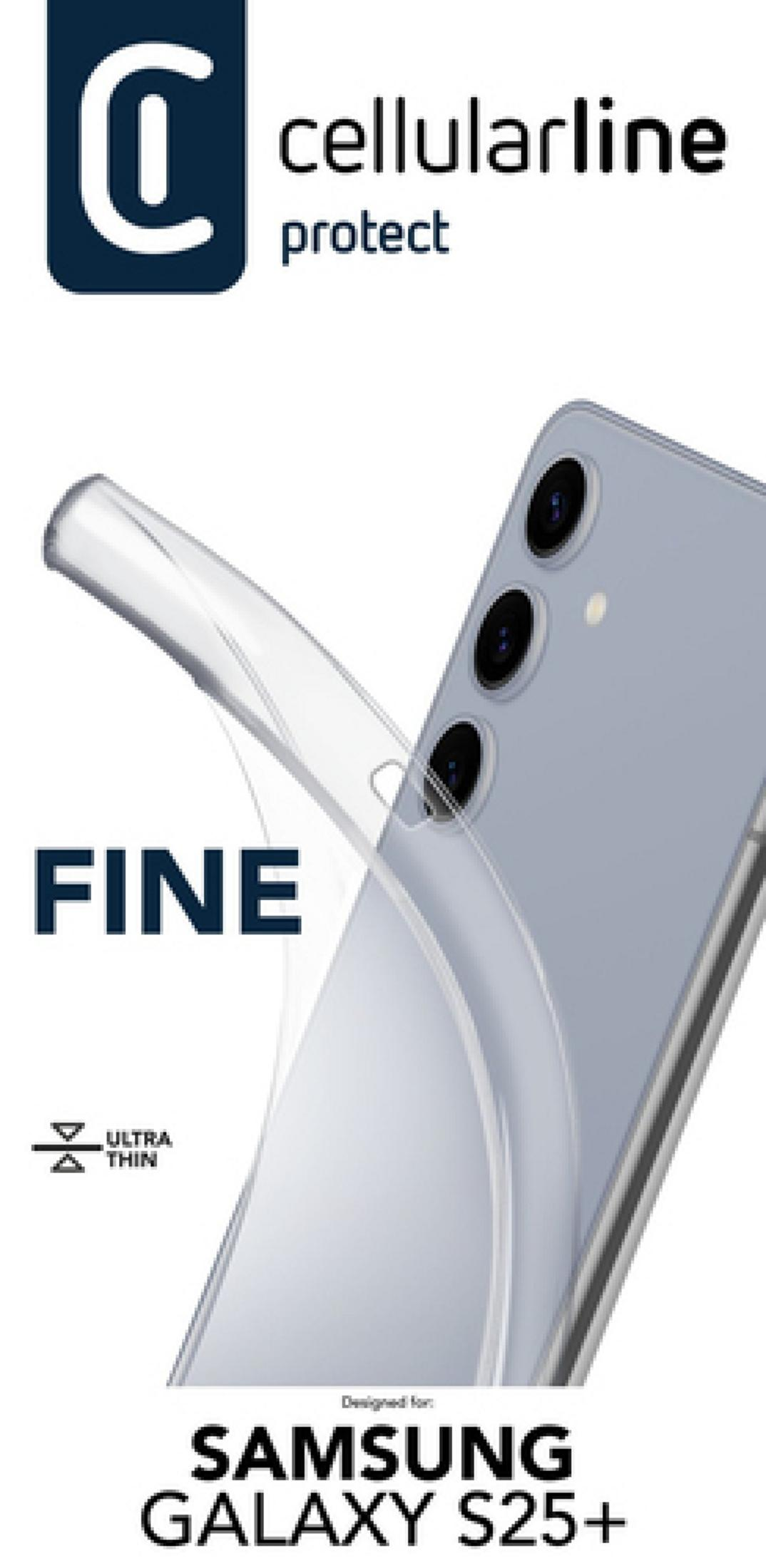 Una custodia trasparente per un Samsung Galaxy S25+ con tre fotocamere.