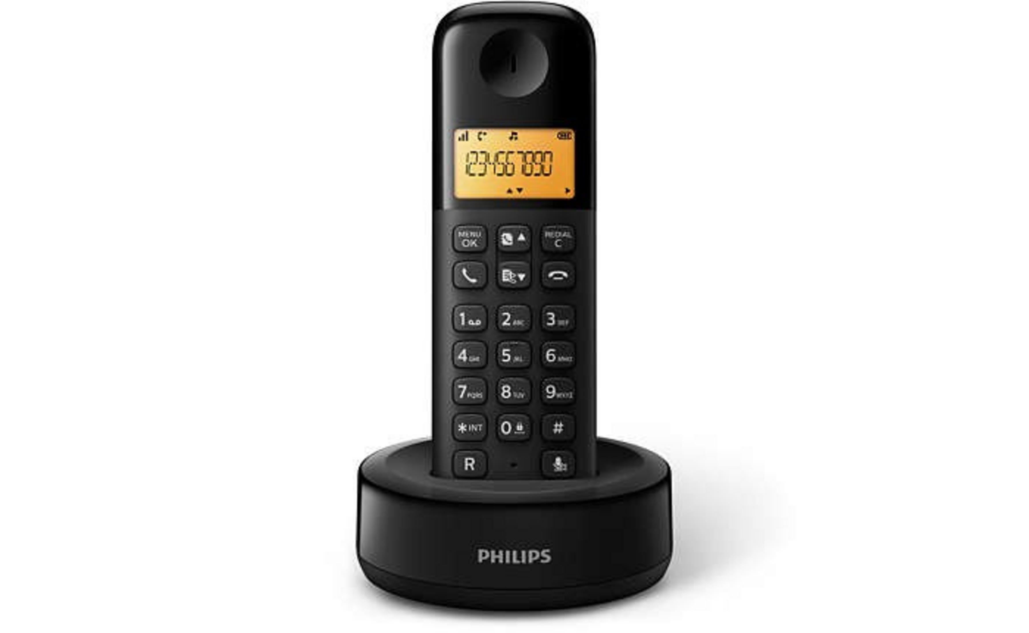 Un telefono cordless nero con display, tastiera e base di ricarica.