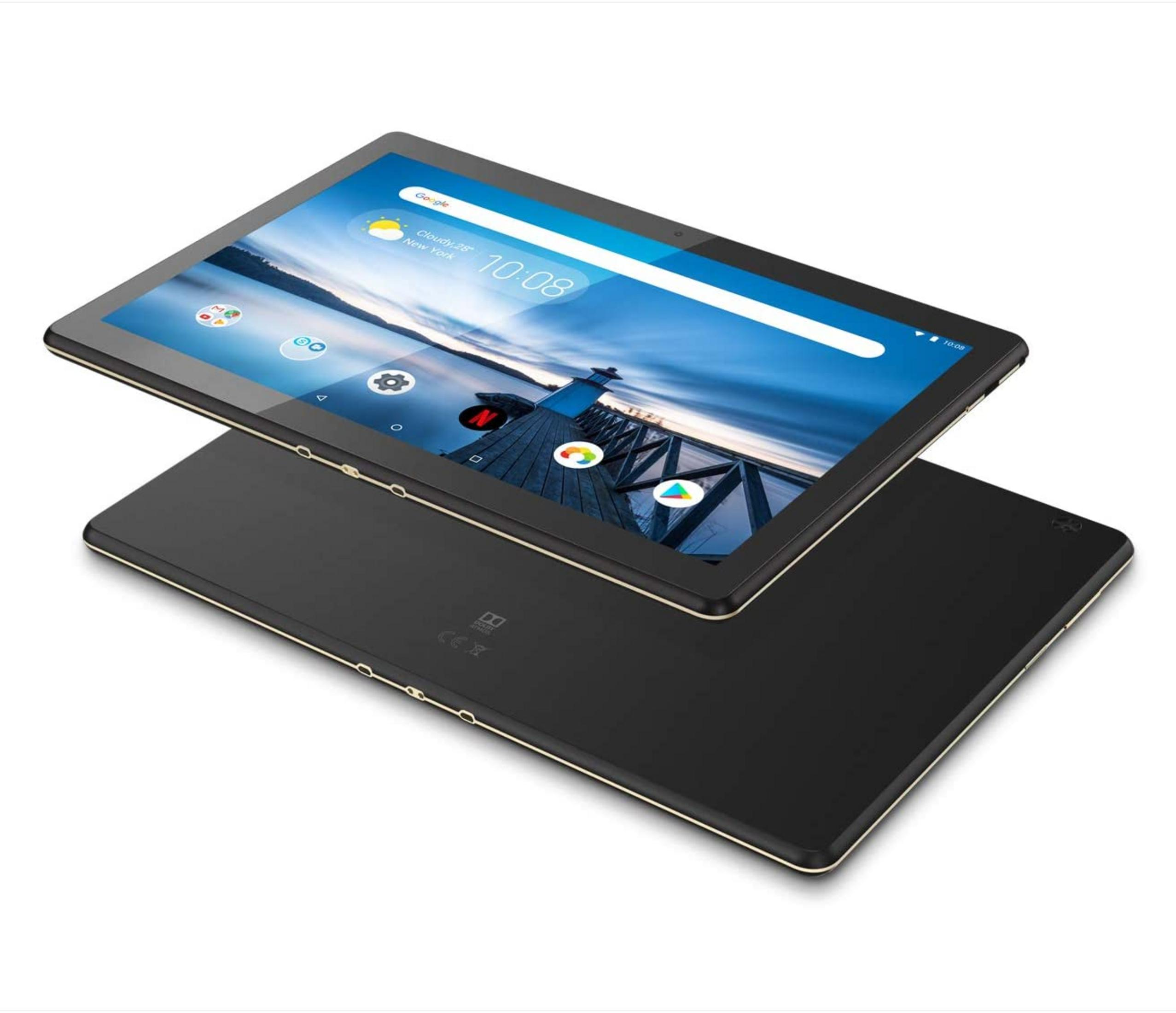 Un tablet nero con bordo dorato poggia su un secondo tablet.