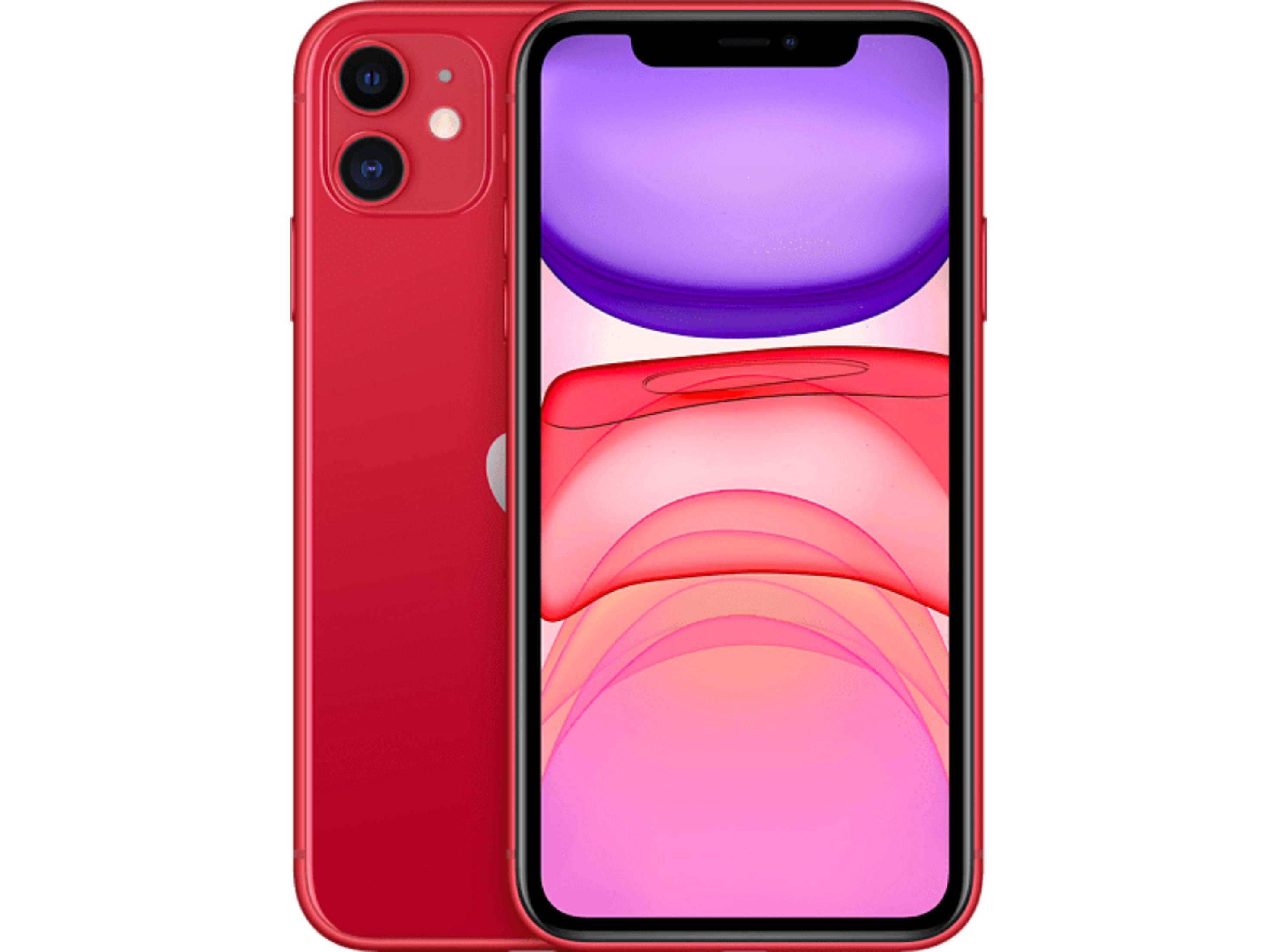 Un iPhone 11 rosso con doppia fotocamera posteriore e schermo.