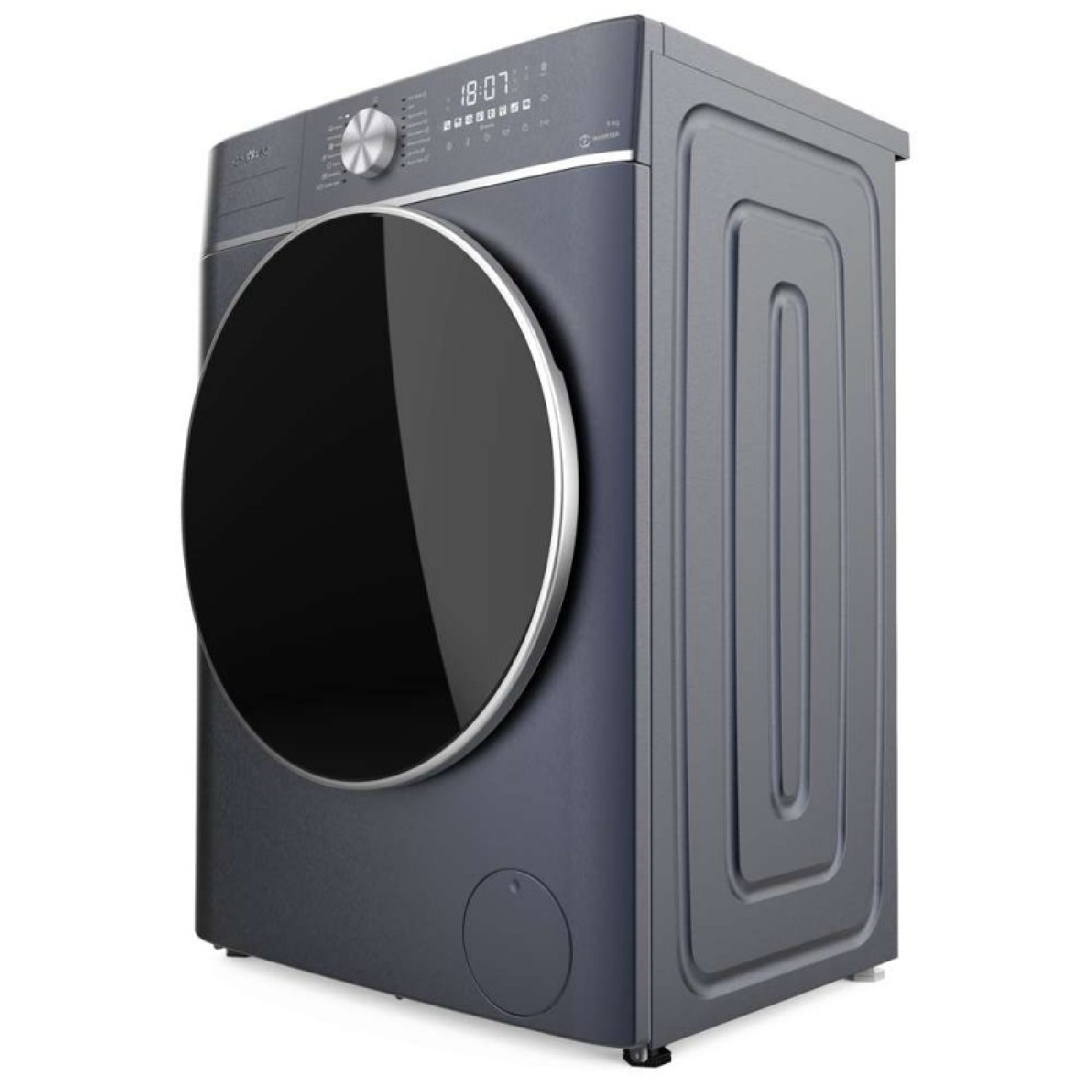 Lavatrice grigio scuro con oblò nero grande e display digitale.