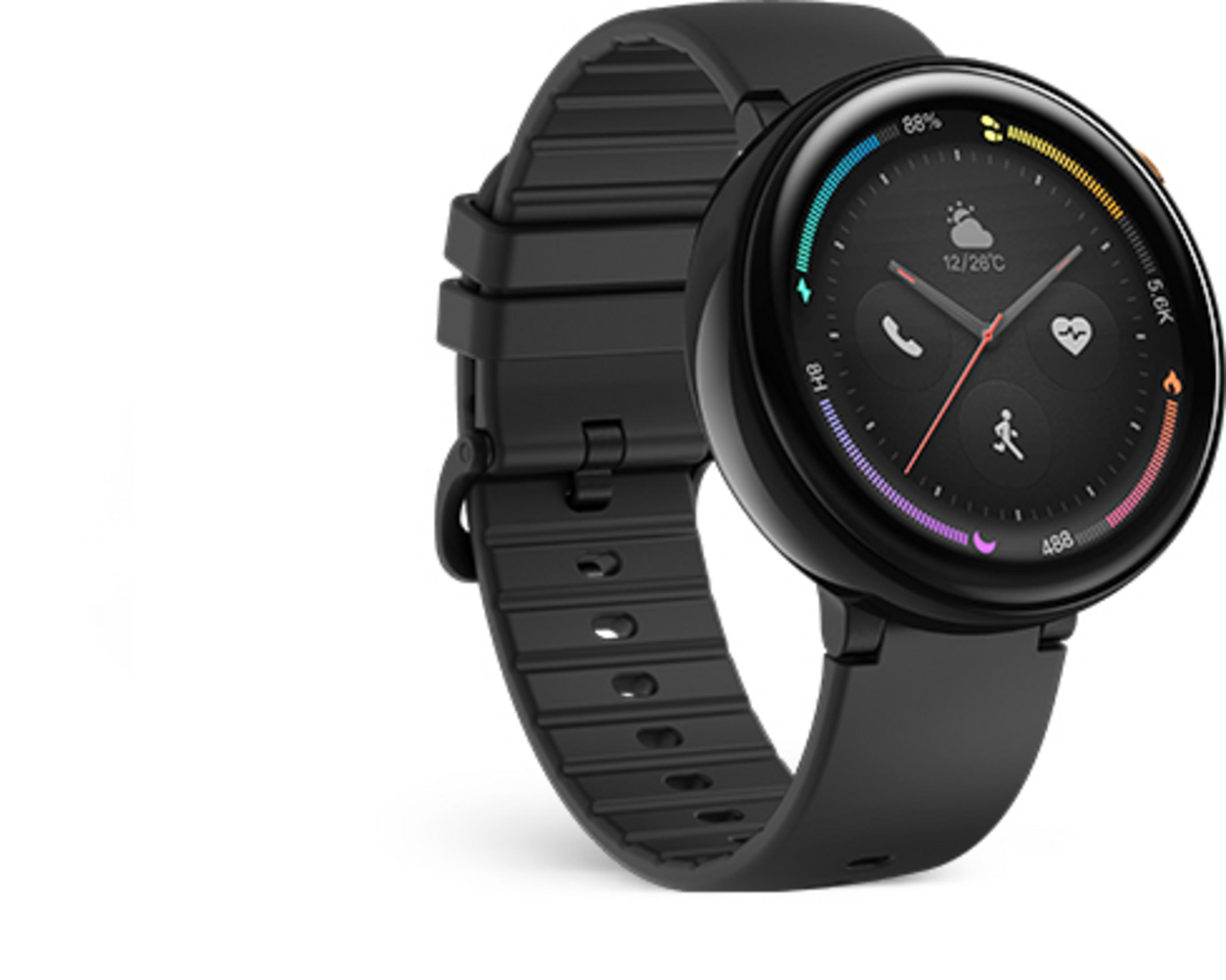Un reloj inteligente negro con pantalla redonda y correa de silicona.