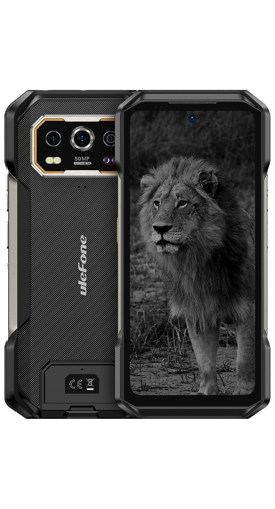 Uno smartphone robusto visualizza un'immagine in bianco e nero di un leone sul suo schermo.
