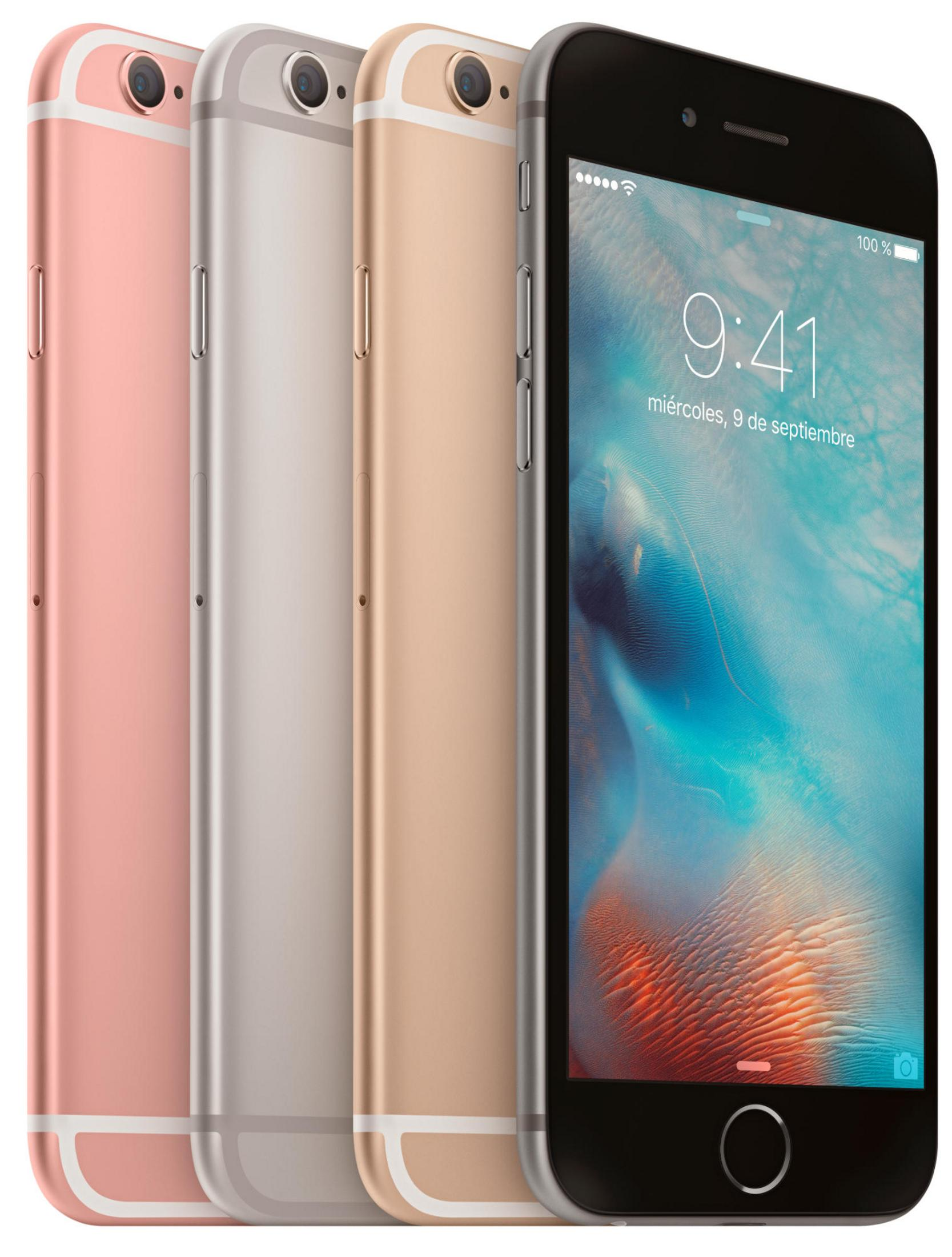 Quattro iPhone in oro rosa, argento, oro e nero sono allineati.