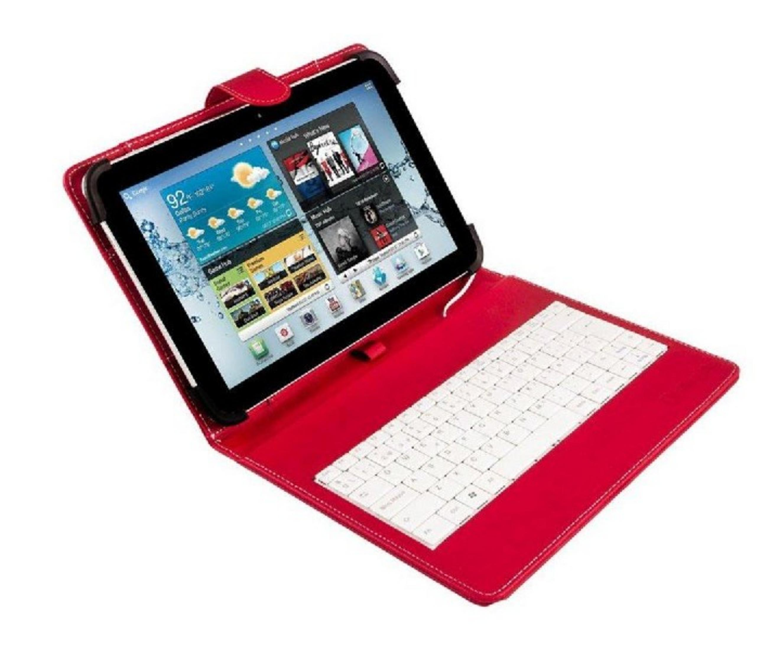 Tableta roja con funda de teclado, abierta, mostrando la pantalla.