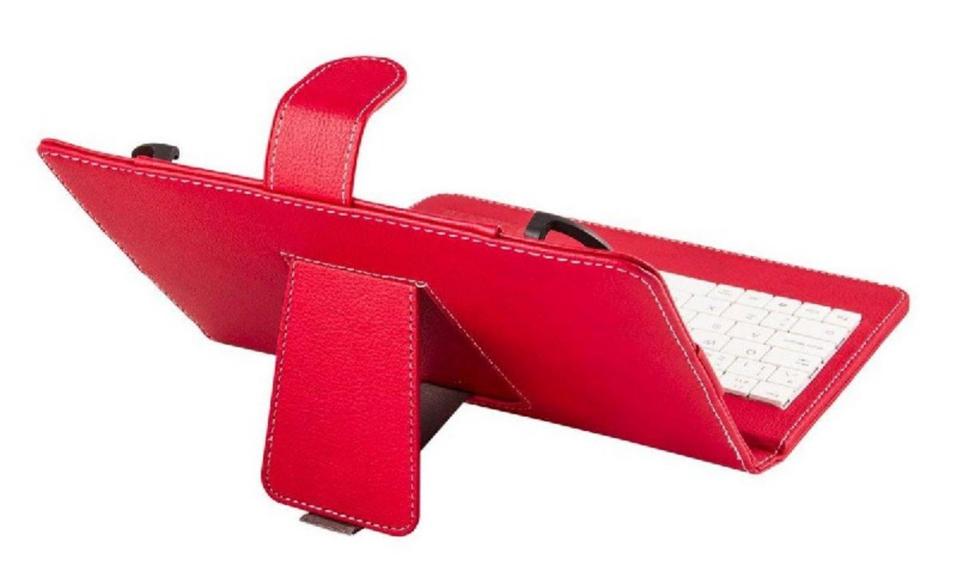 Funda roja de cuero con teclado en formato horizontal, sobre fondo blanco.