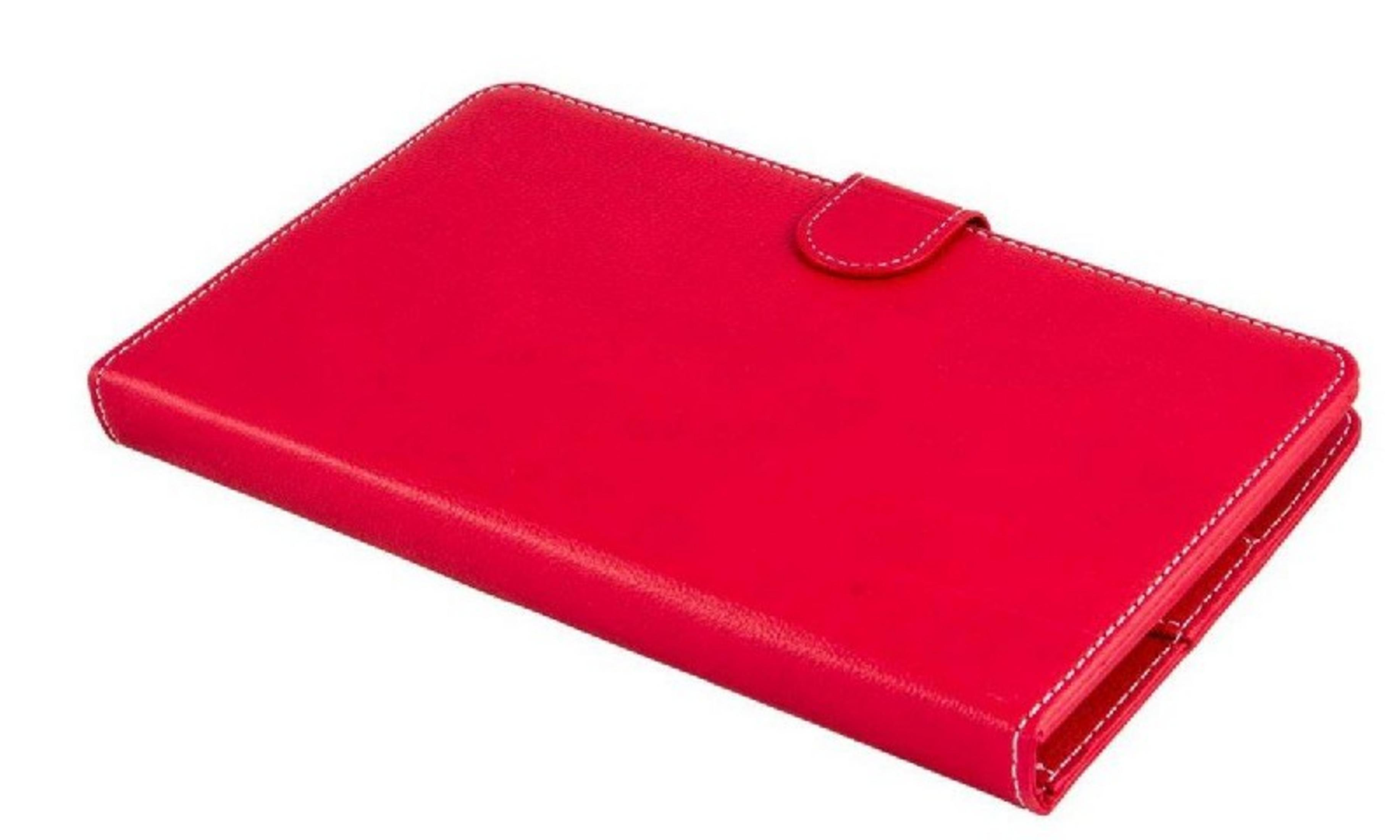 Una funda roja para tableta con costuras blancas y un pequeño cierre de pestaña.