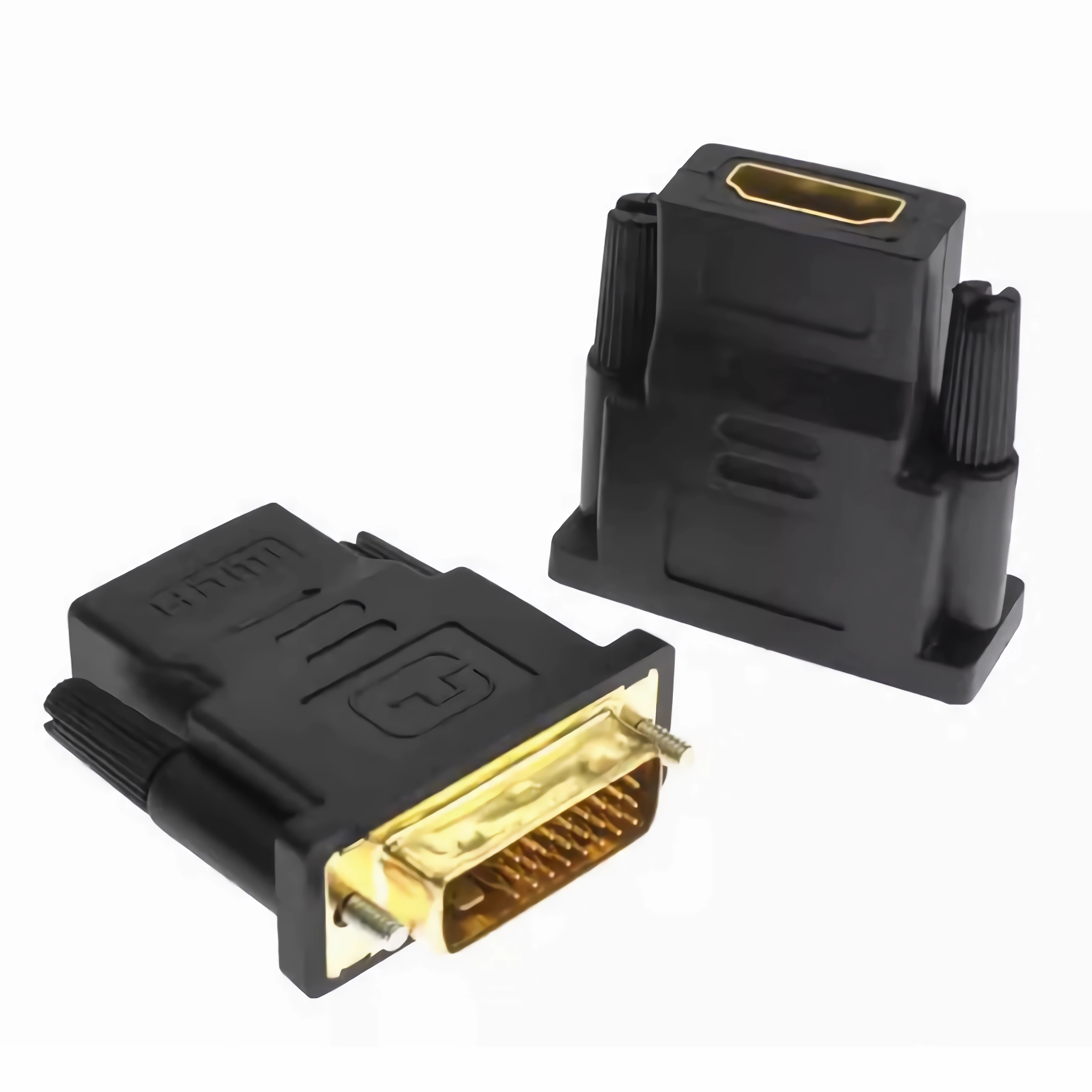 Zwei schwarze Adapter, einer mit DVI-Anschluss, einer mit HDMI-Anschluss.
