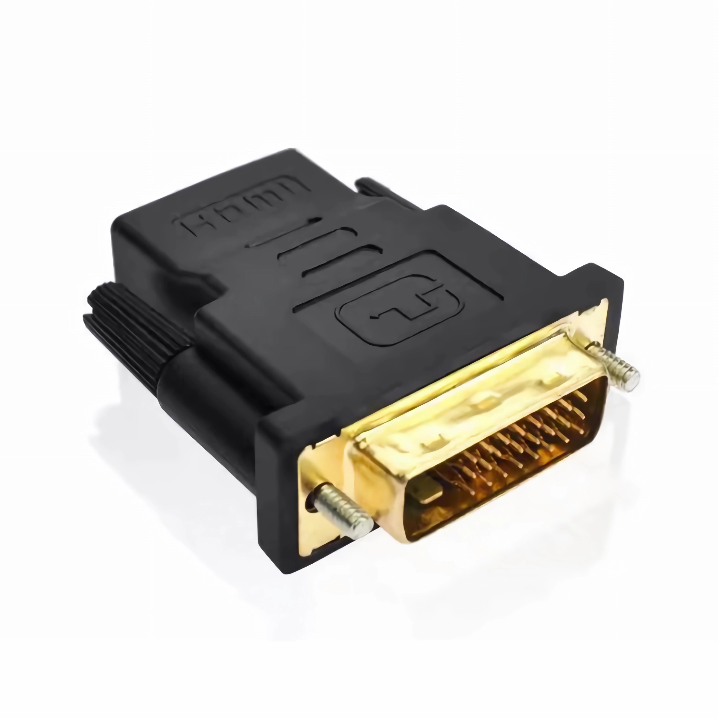 Schwarzer DVI-zu-HDMI-Adapter mit goldenen Anschlüssen und Rändelschrauben.