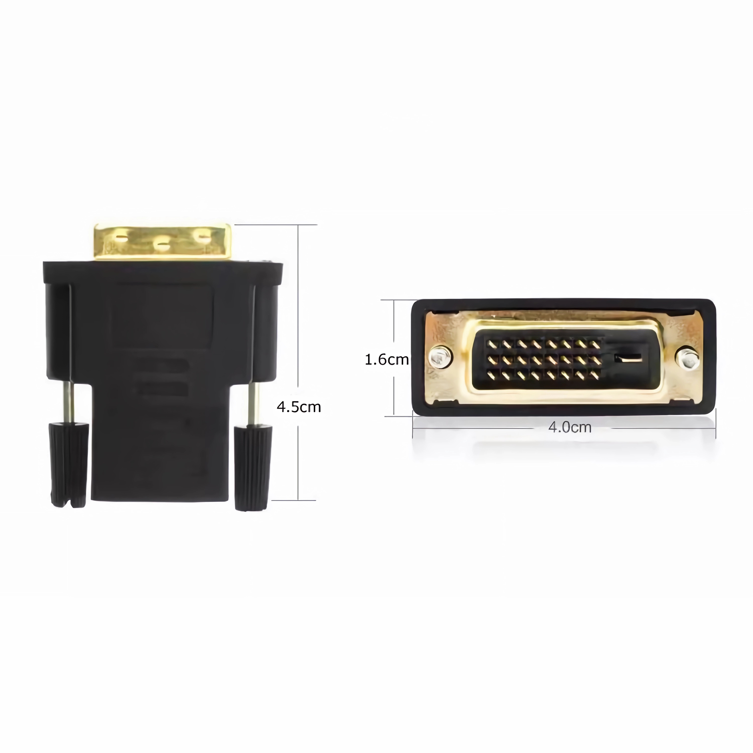 Ein schwarzer DVI-auf-HDMI-Adapter mit goldenen Anschlüssen und Maßen.