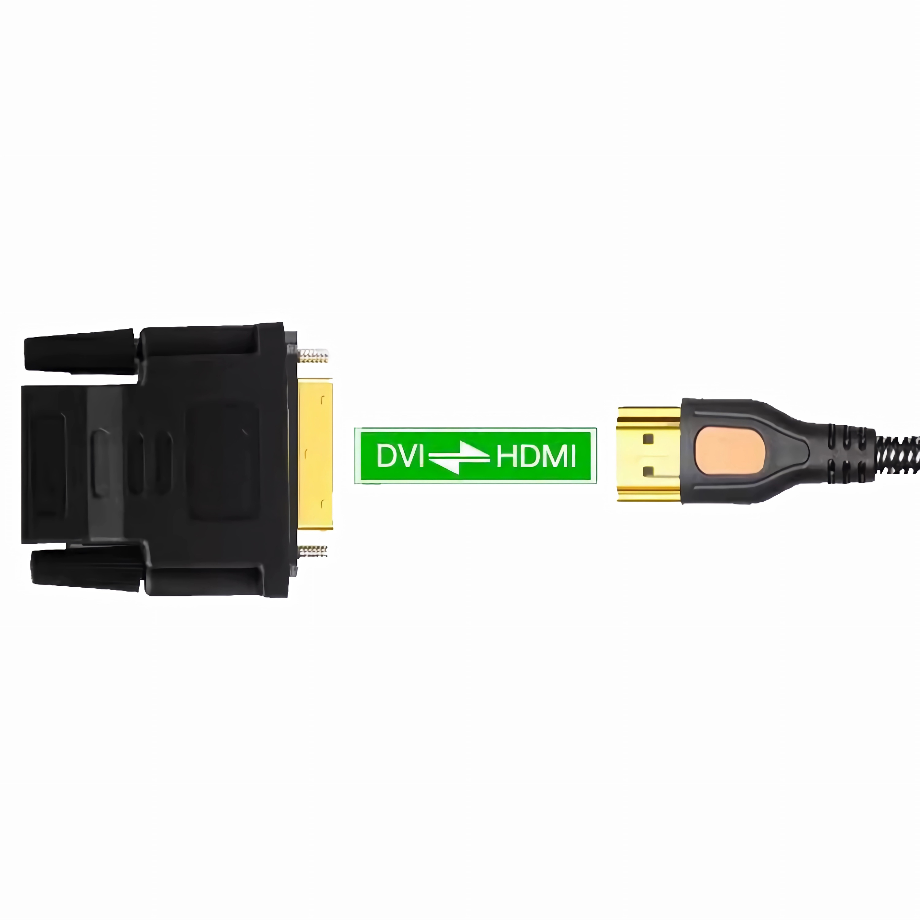 Ein schwarzer DVI-Stecker neben einem HDMI-Kabel mit goldenem Anschluss.