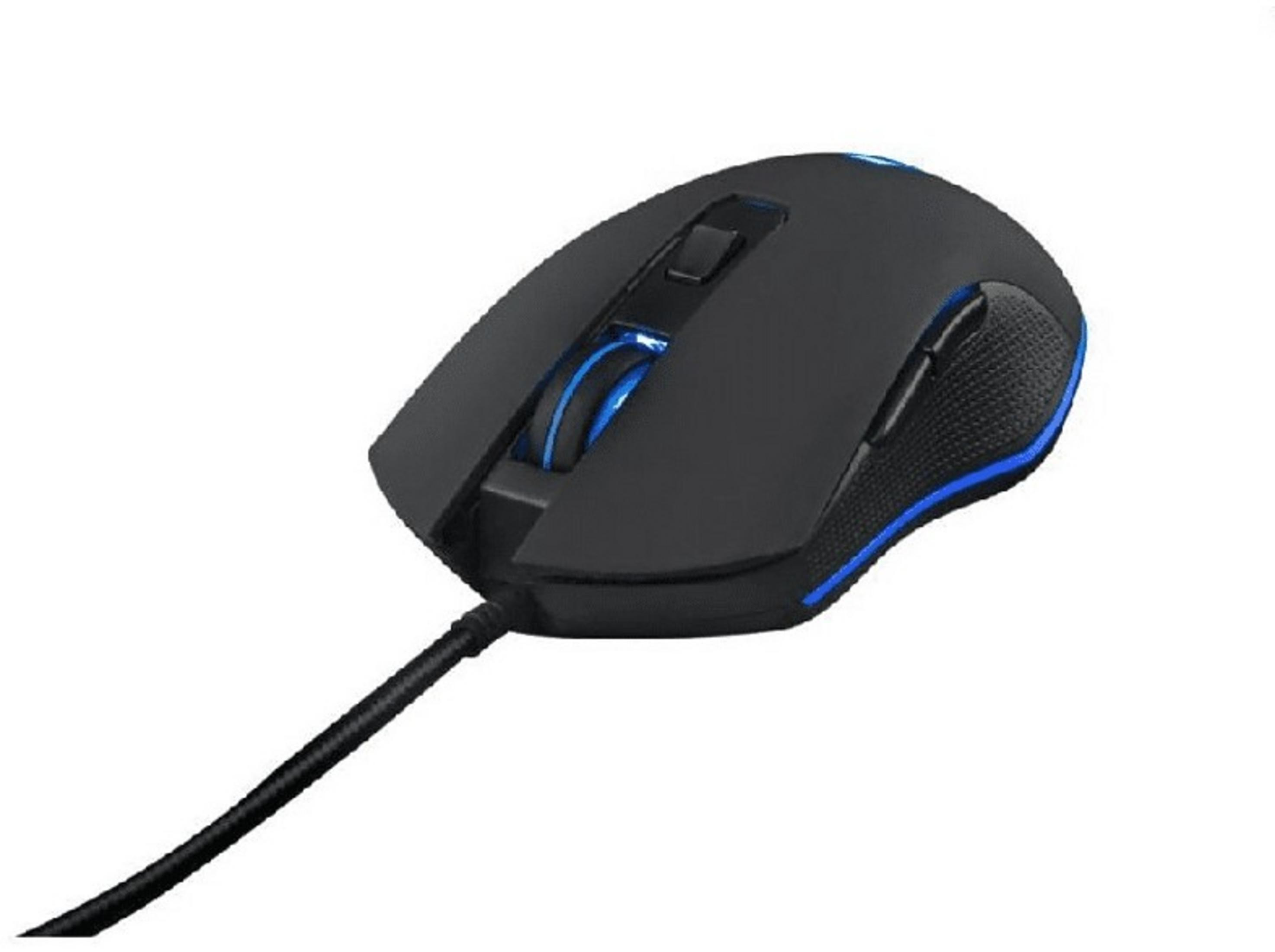 Mouse da gaming nero con accenti blu e cavo su sfondo bianco.