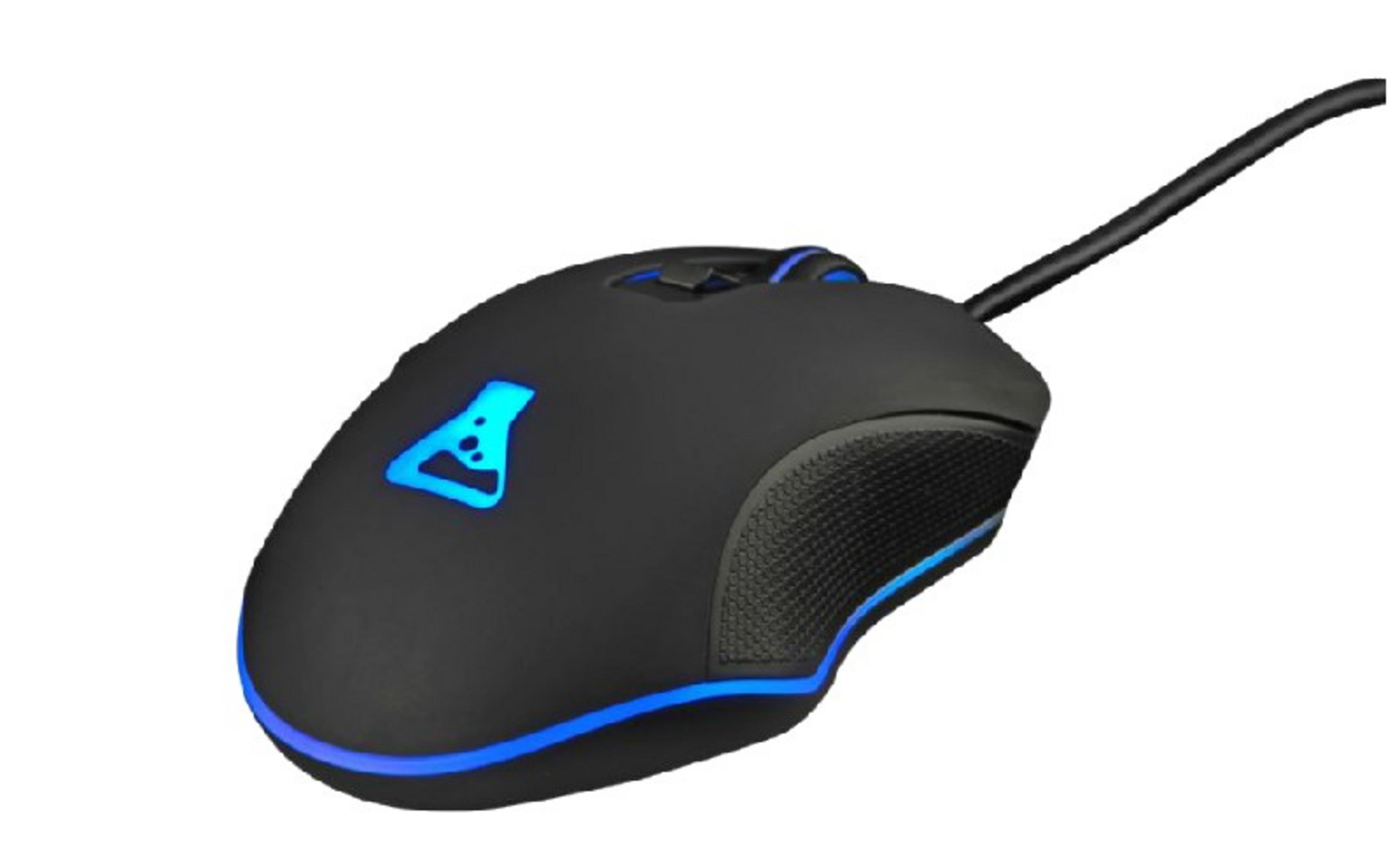 Mouse gaming nero con illuminazione LED blu e cavo.