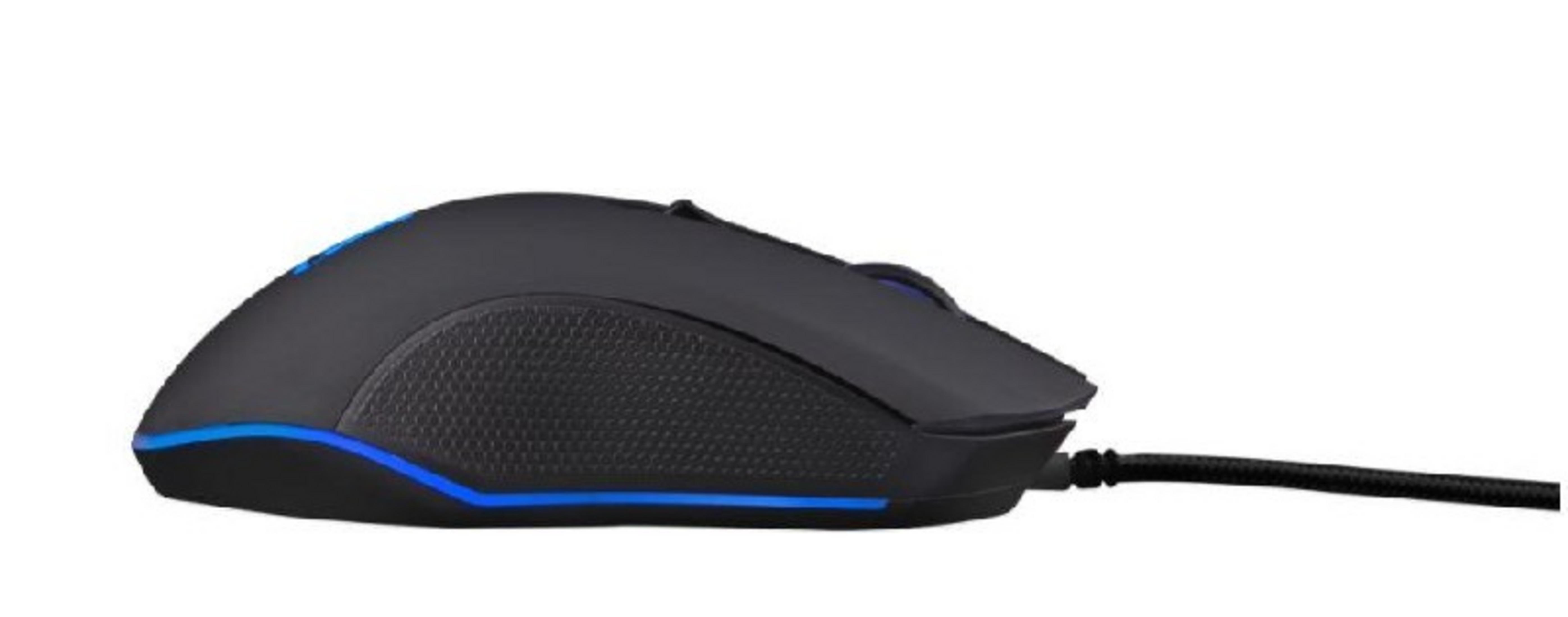 Mouse da gaming nero con accenti blu e impugnatura testurizzata.