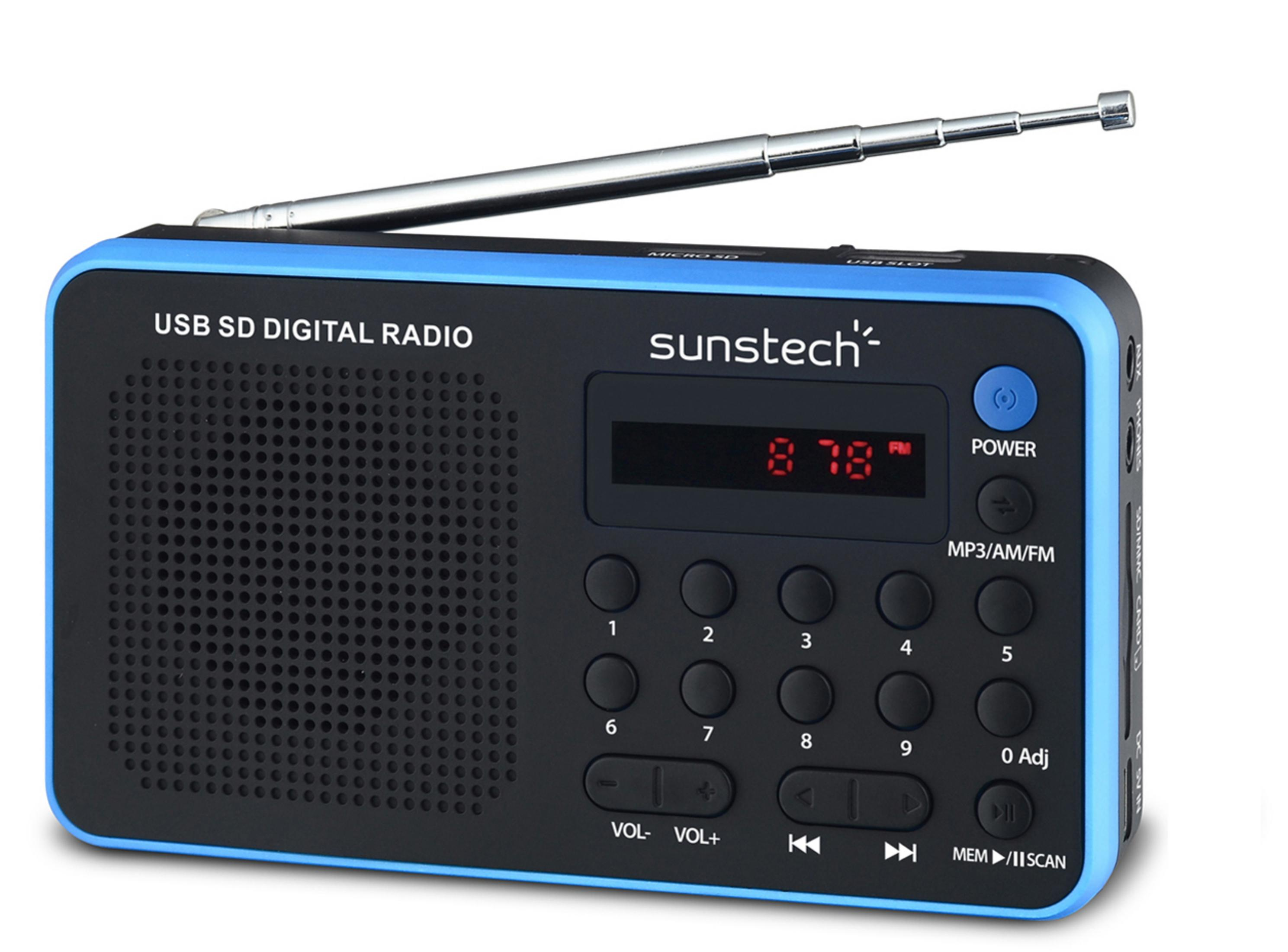 Una radio portátil con marco azul, antena y pantalla digital.